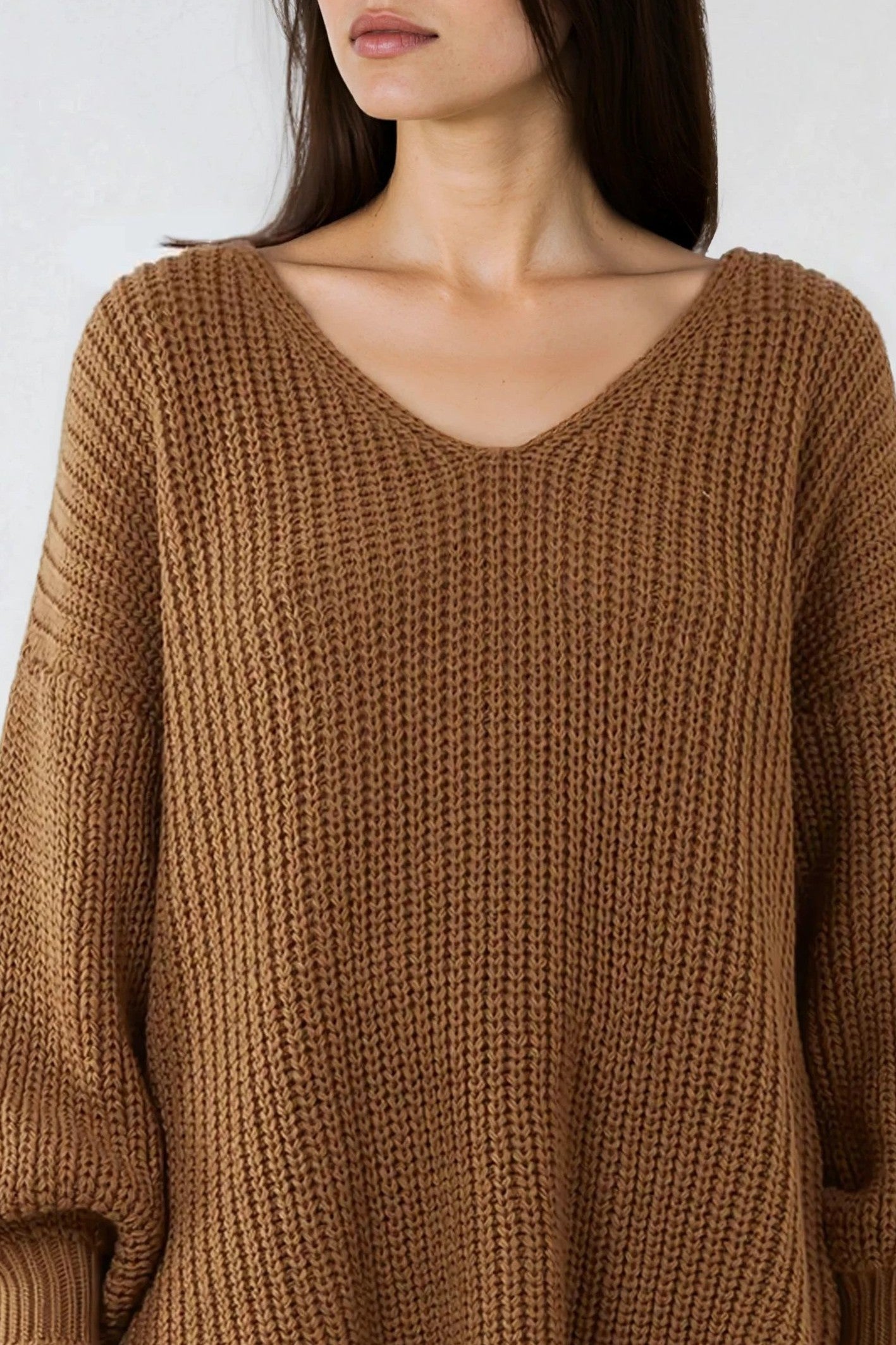 Brown Oversized V-Neck Chunky Knit Jumper