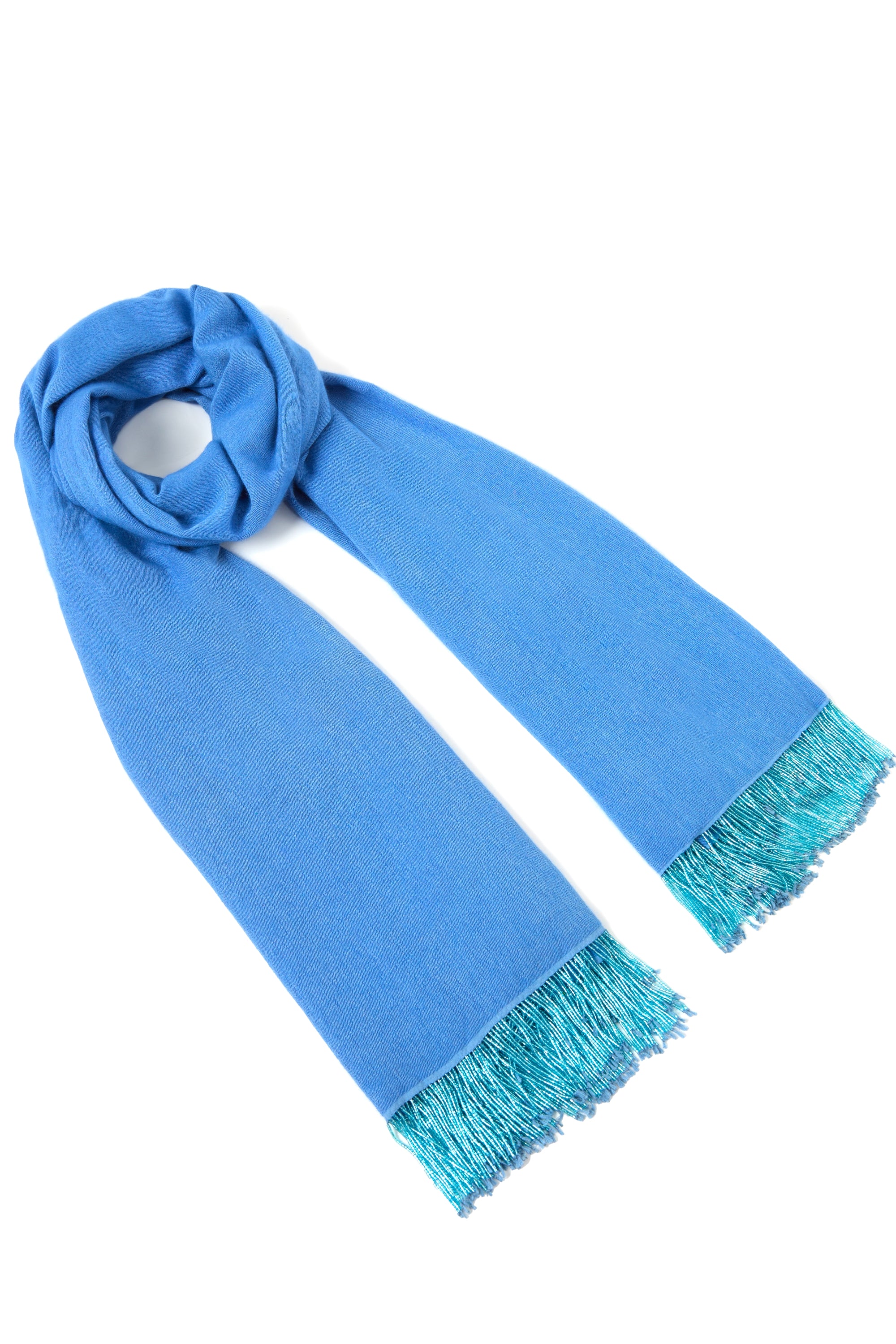 Bright Blue Pashmina Shawl with Beaded Tassels