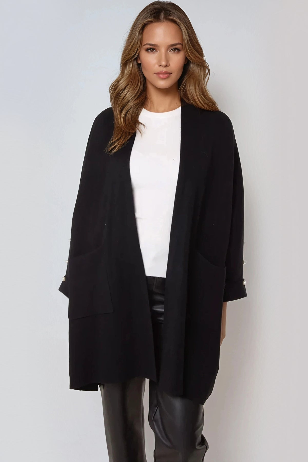 Black Pearl Sleeve Open Cardigan