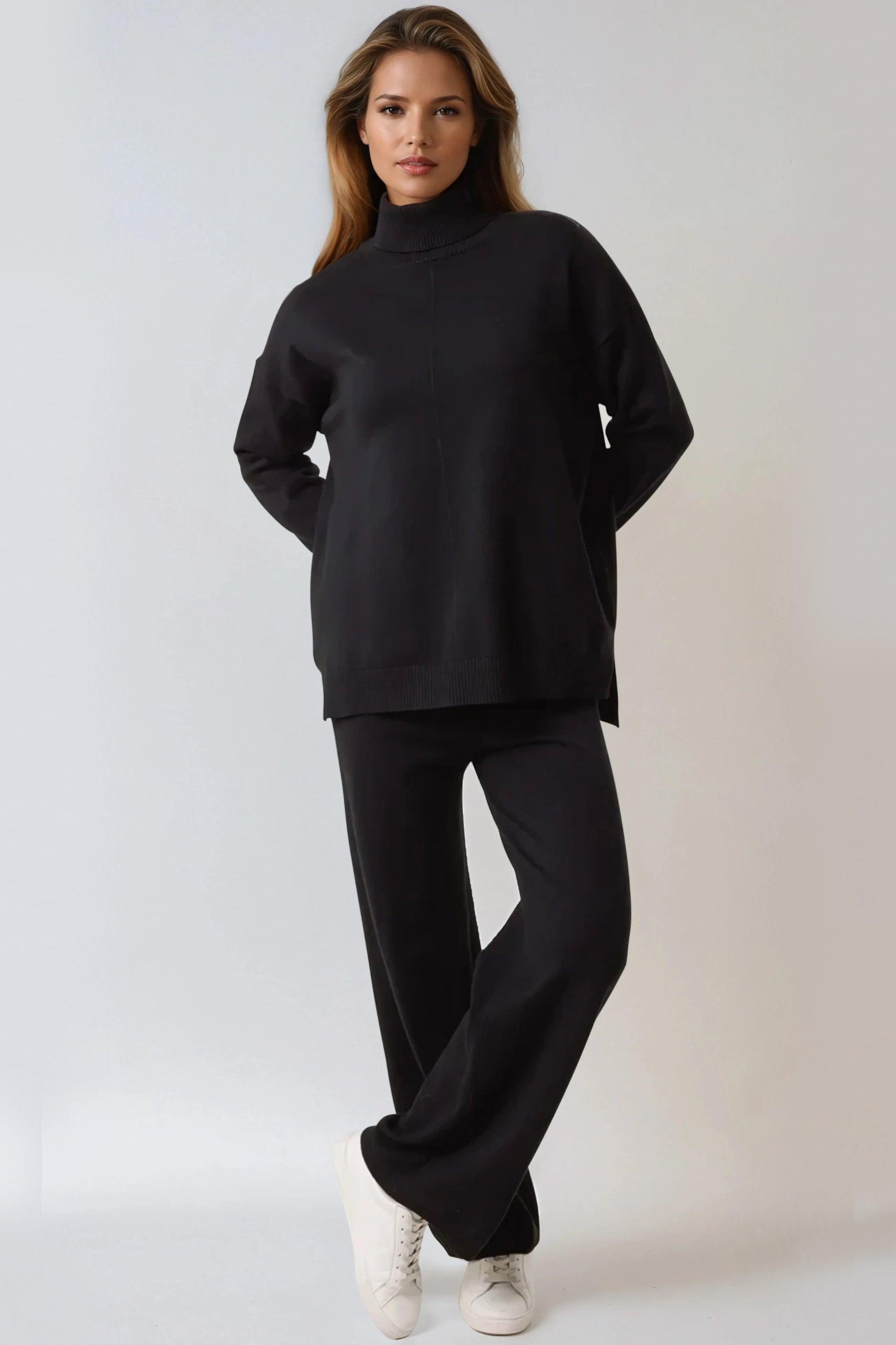 Black Knitted Roll Neck Jumper & Trouser Set