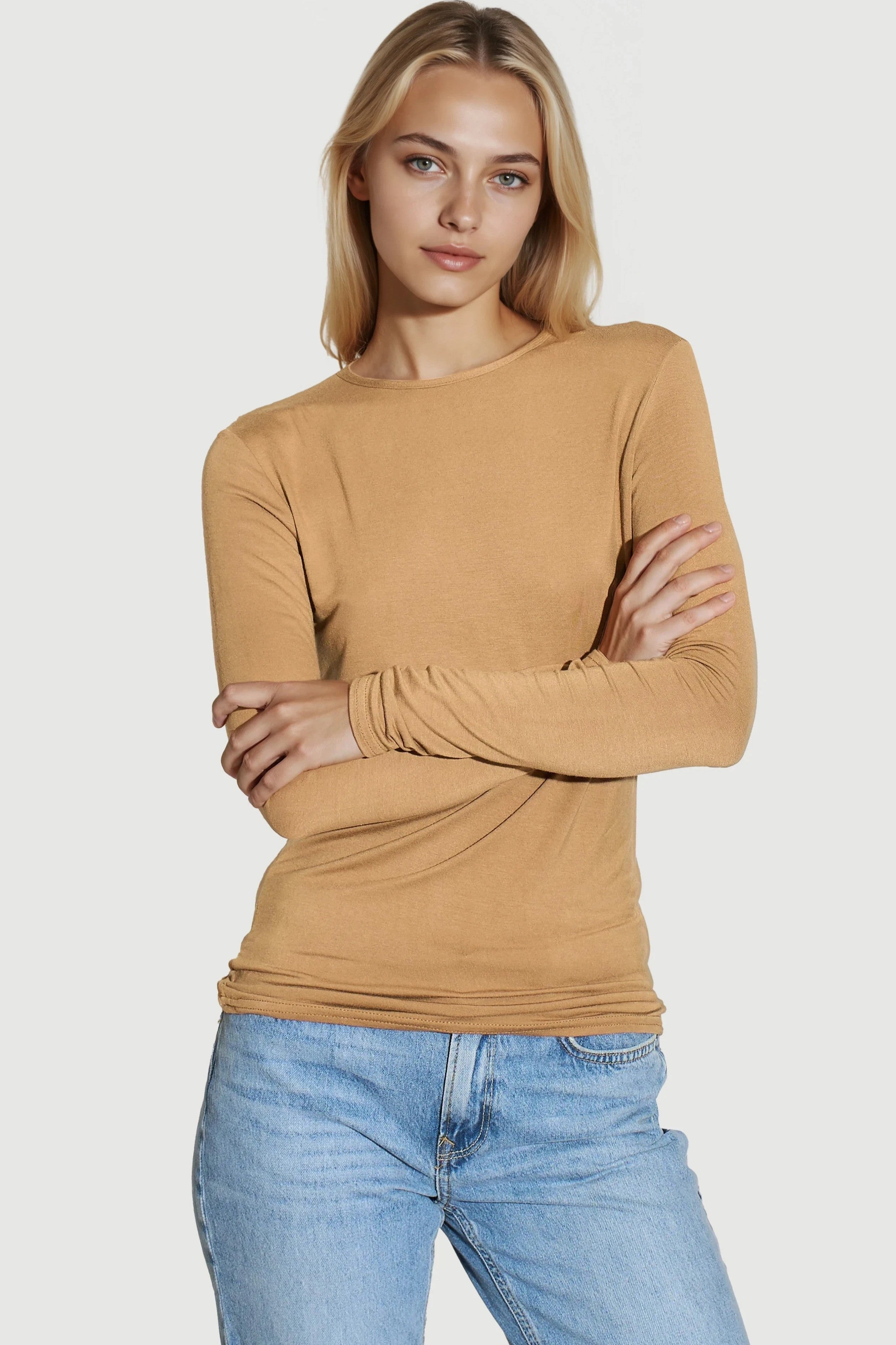 Camel Round Neck Long Sleeve Top