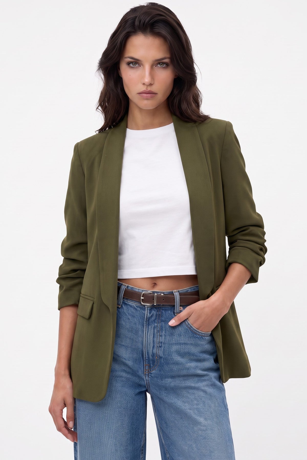 Khaki Blazer with Ruched Sleeves