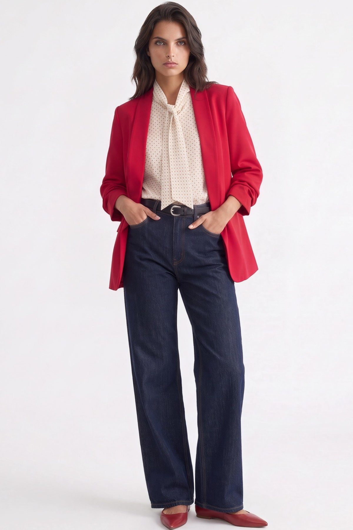 Red Blazer with Ruched Sleeves
