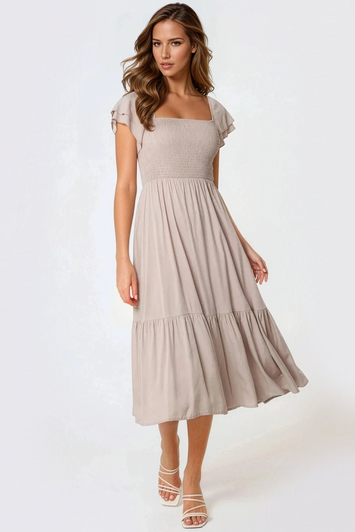 Beige Smock Midi Dress