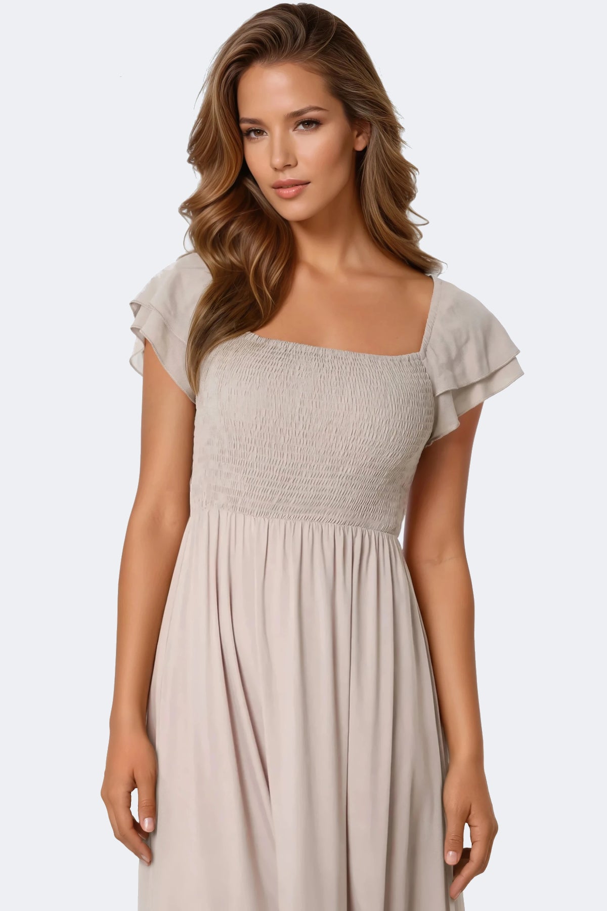 Beige Smock Midi Dress