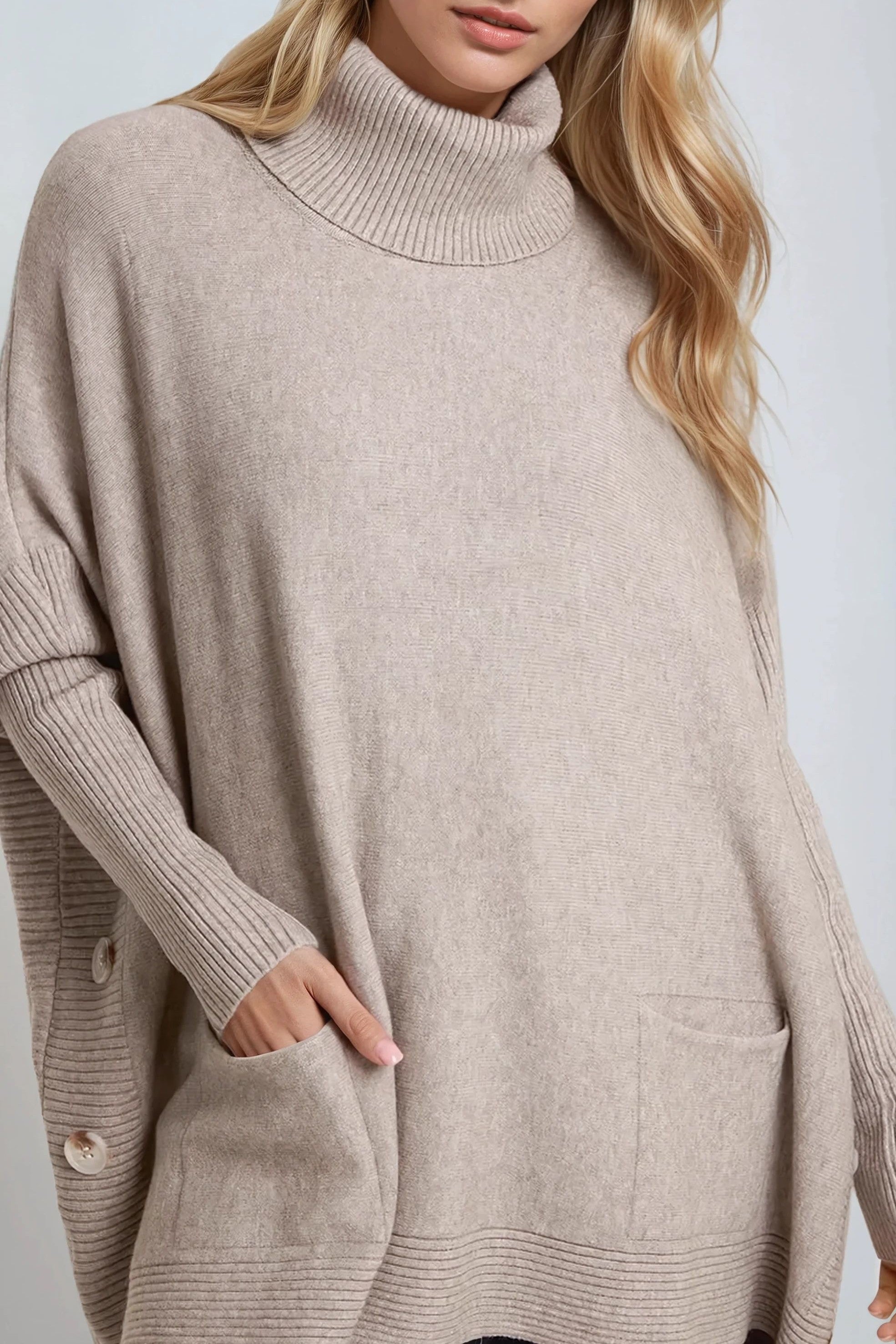 Mocha Roll Neck Jumper Poncho With Side Buttons
