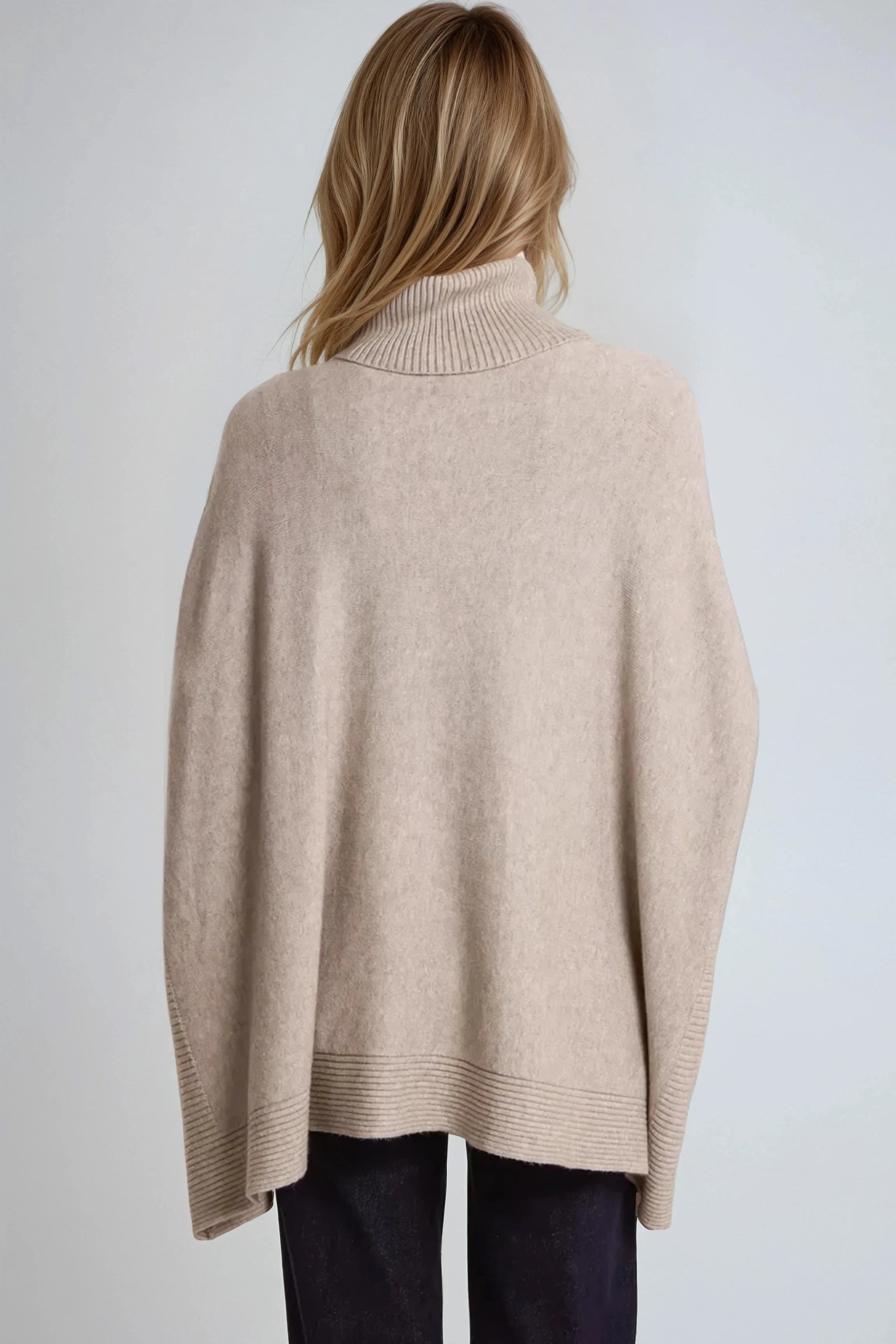 Mocha Roll Neck Jumper Poncho With Side Buttons