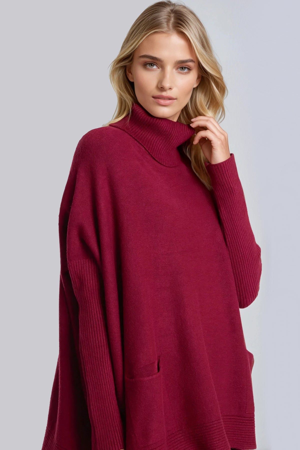Burgundy Roll Neck Jumper Poncho With Side Buttons