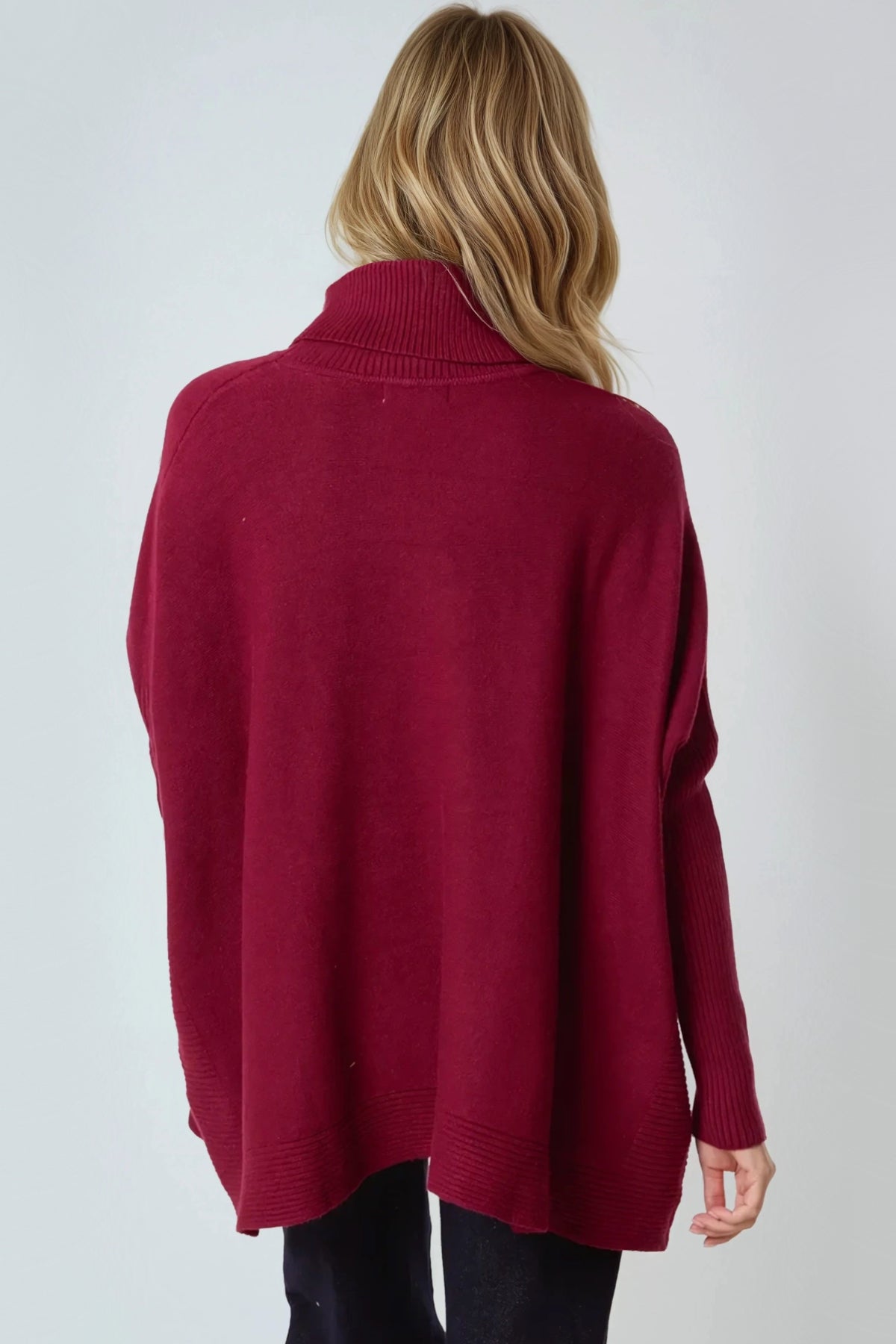 Burgundy Roll Neck Jumper Poncho With Side Buttons