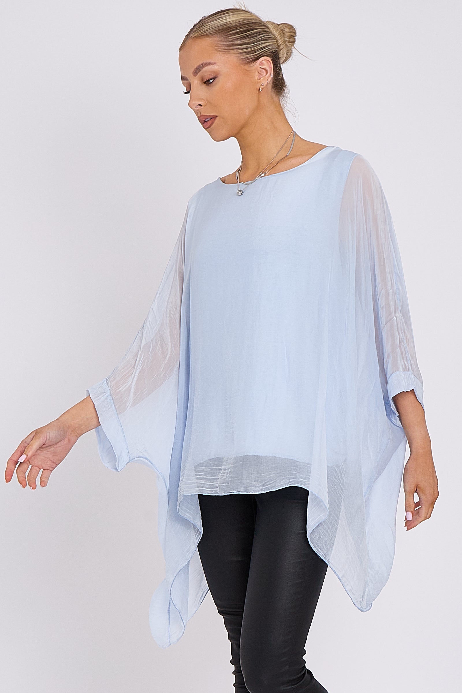 Light Blue Silk Batwing Sleeve Top Blouse