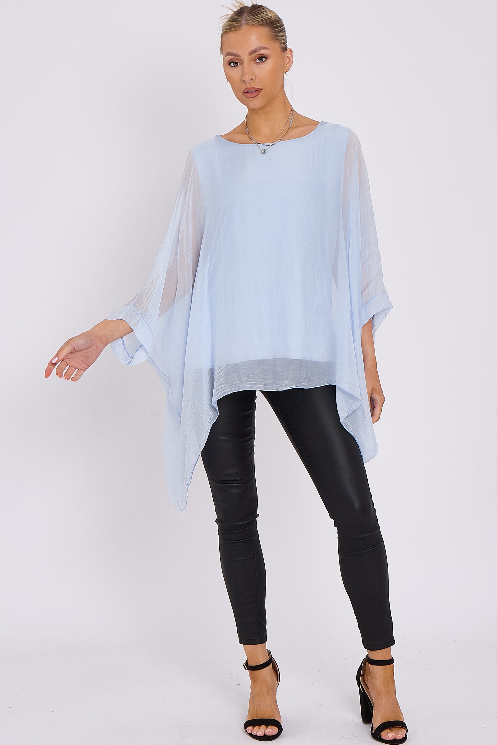 Light Blue Silk Batwing Sleeve Top Blouse