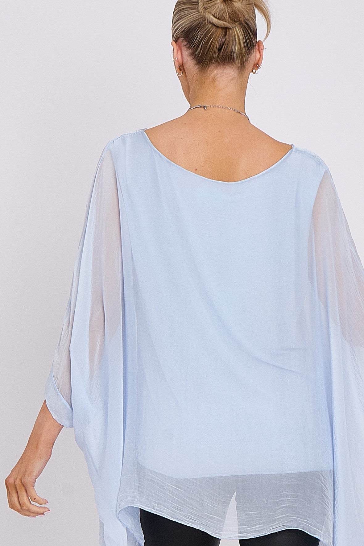 Light Blue Silk Batwing Sleeve Top Blouse