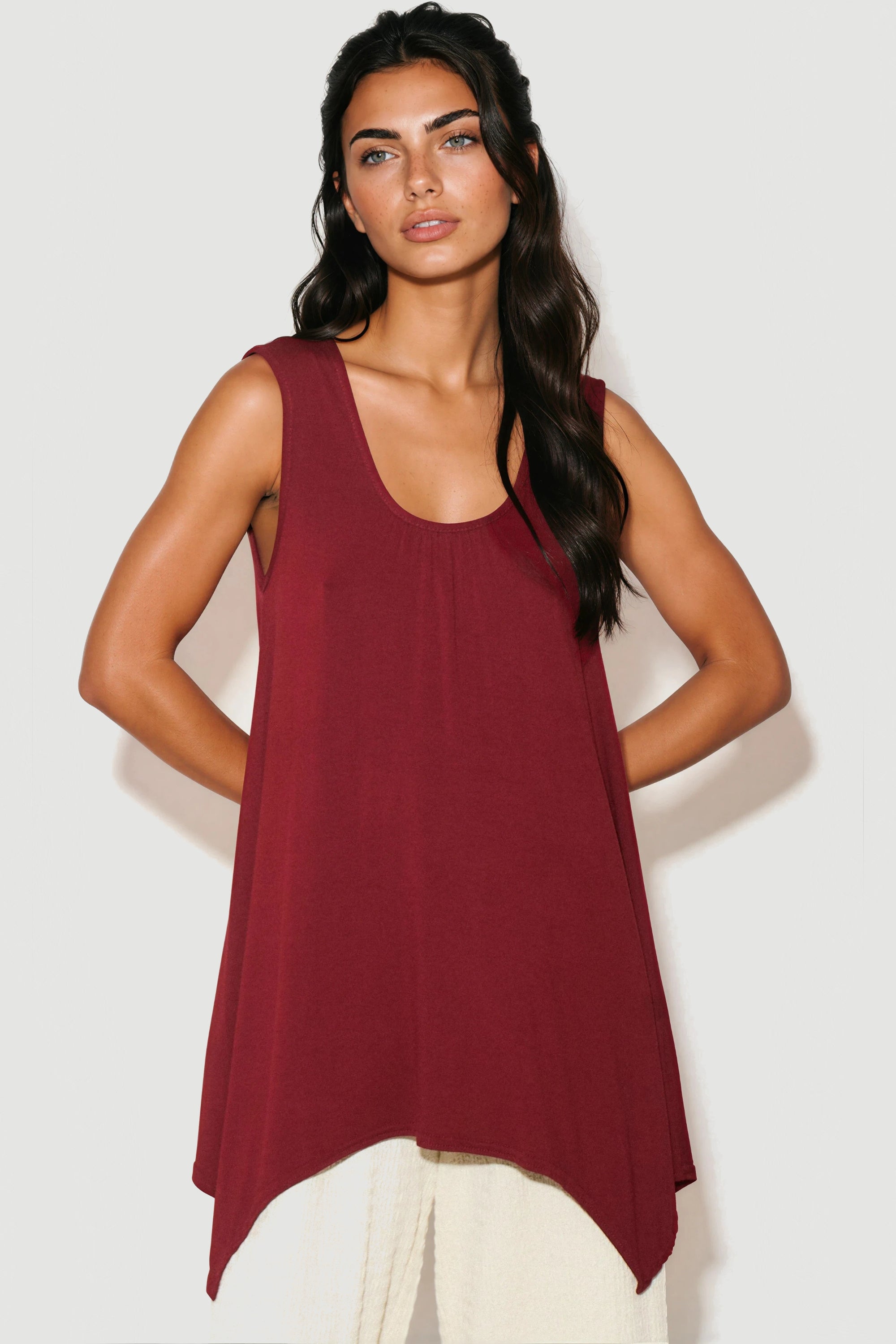 Wine Sleeveless Top With Asymmetric Hem