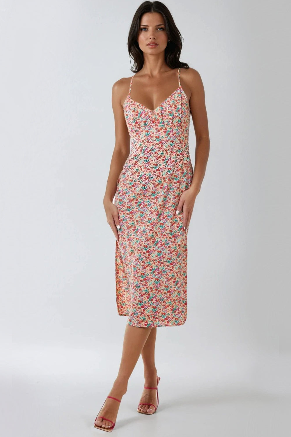 strappy midi dress Pink Floral Strappy Midi Dress With Ties