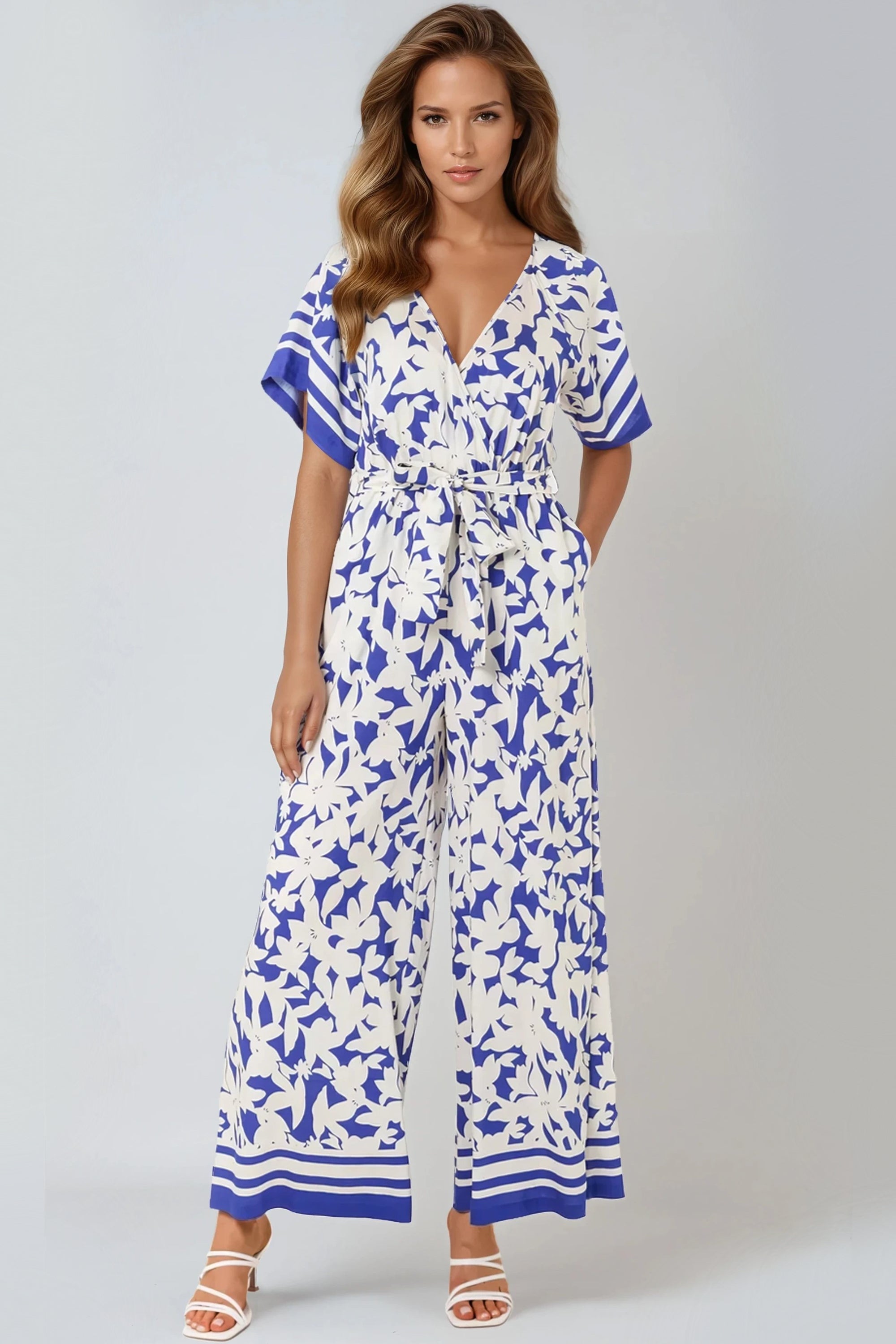 Blue Floral Wide-Leg Wrap Jumpsuit