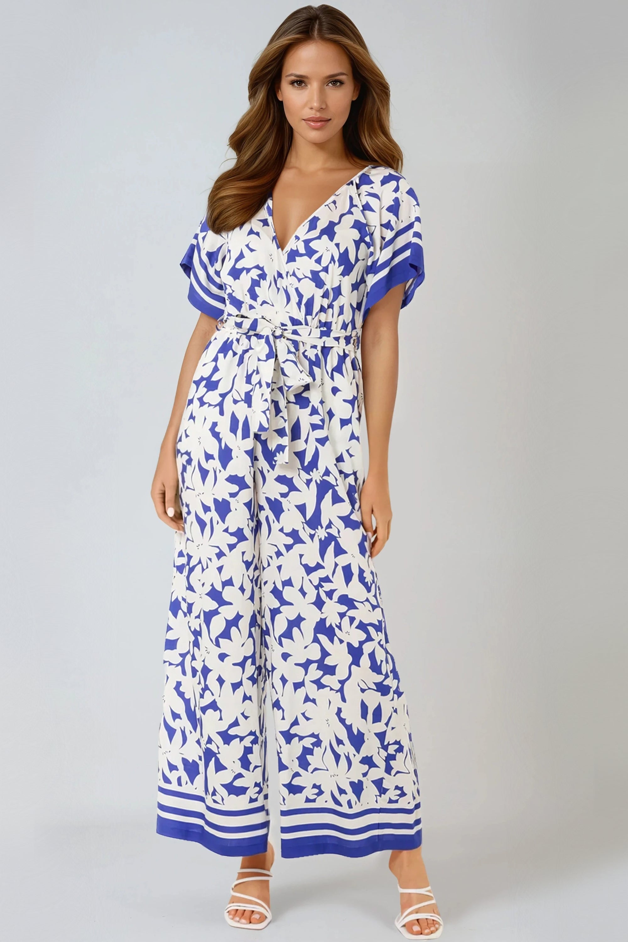 Blue Floral Wide-Leg Wrap Jumpsuit