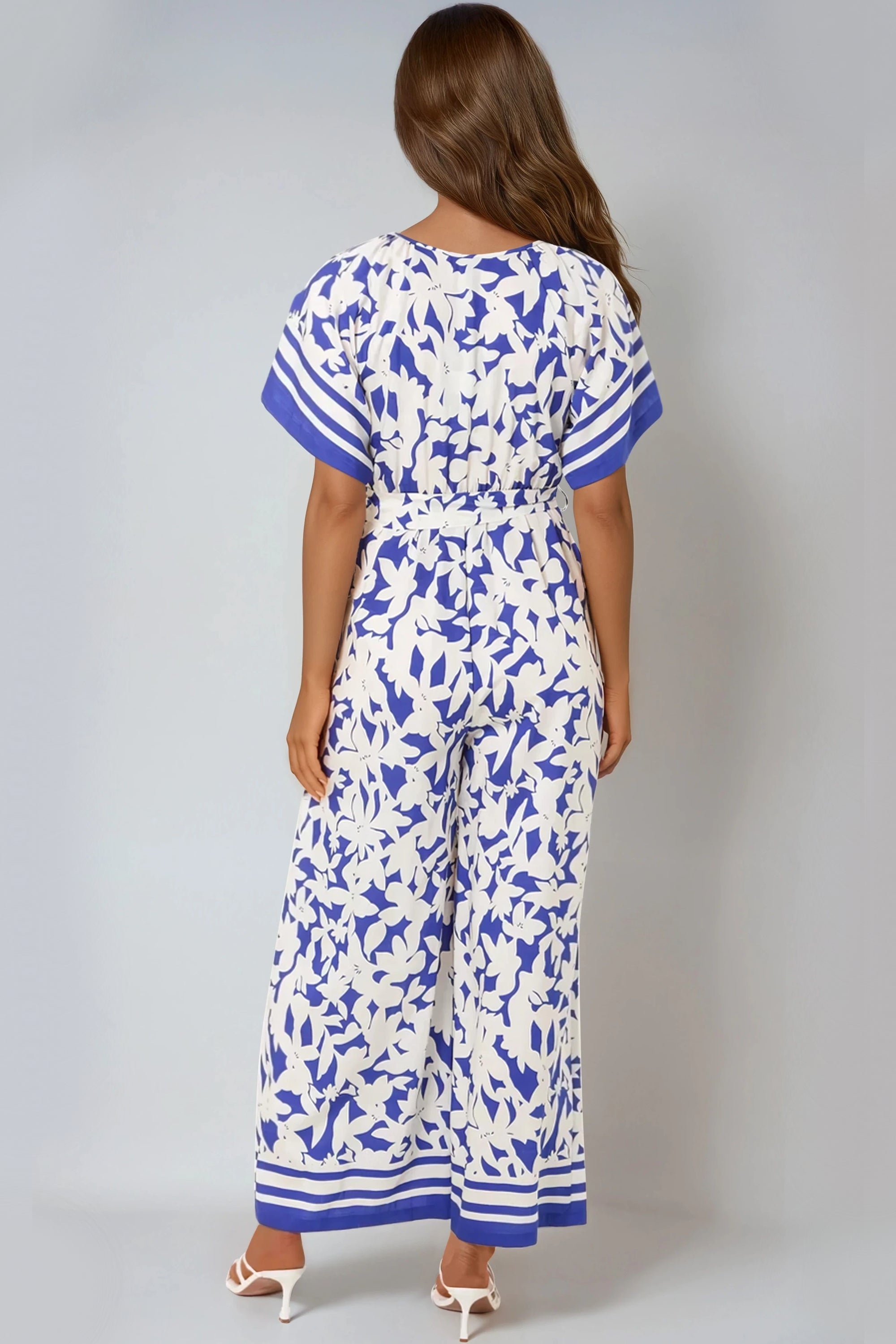 Blue Floral Wide-Leg Wrap Jumpsuit