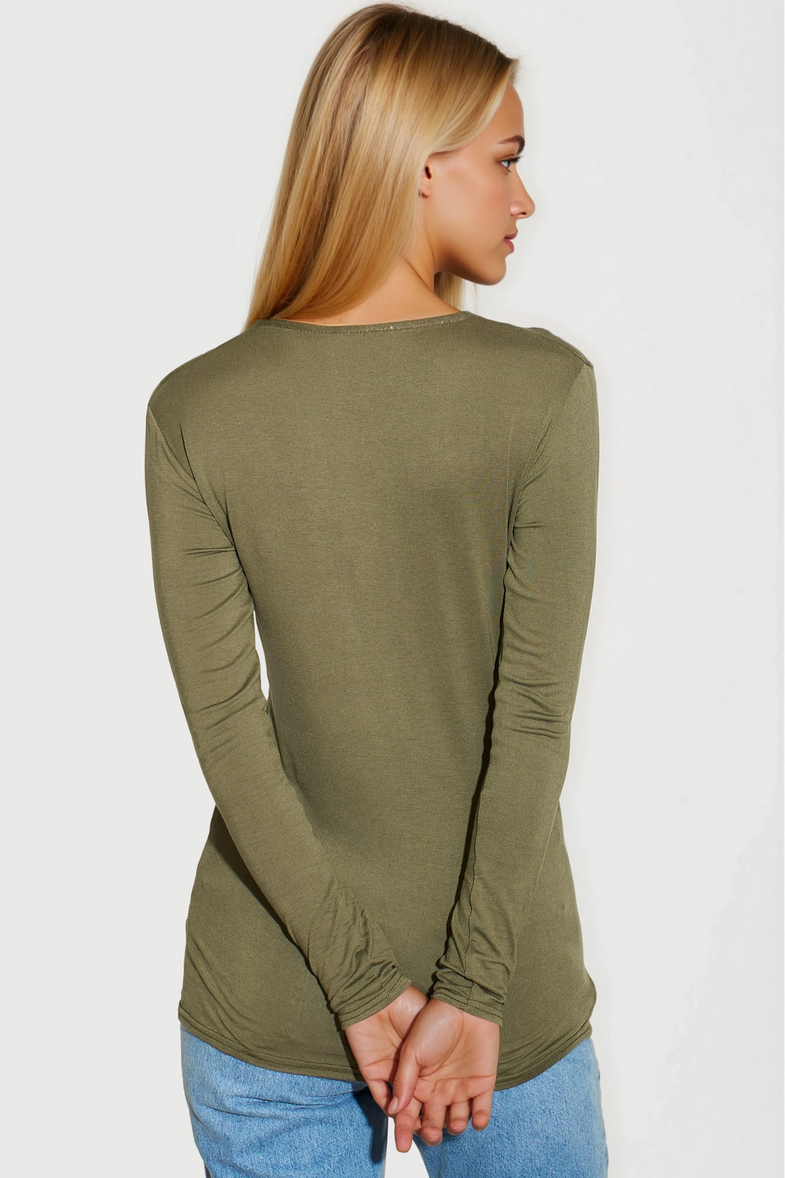Khaki V Neck Long Sleeve Top