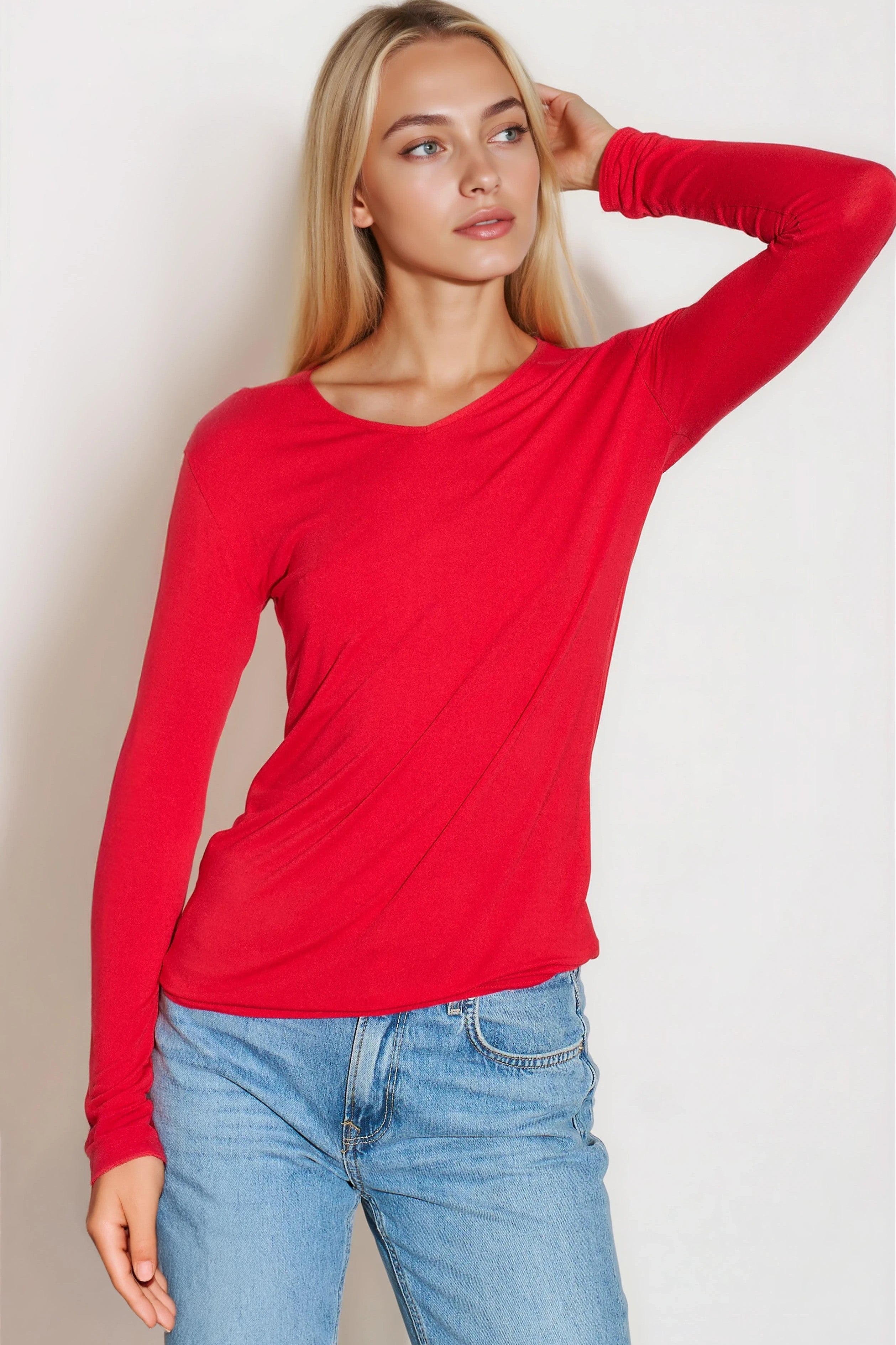 Red V Neck Long Sleeve Top