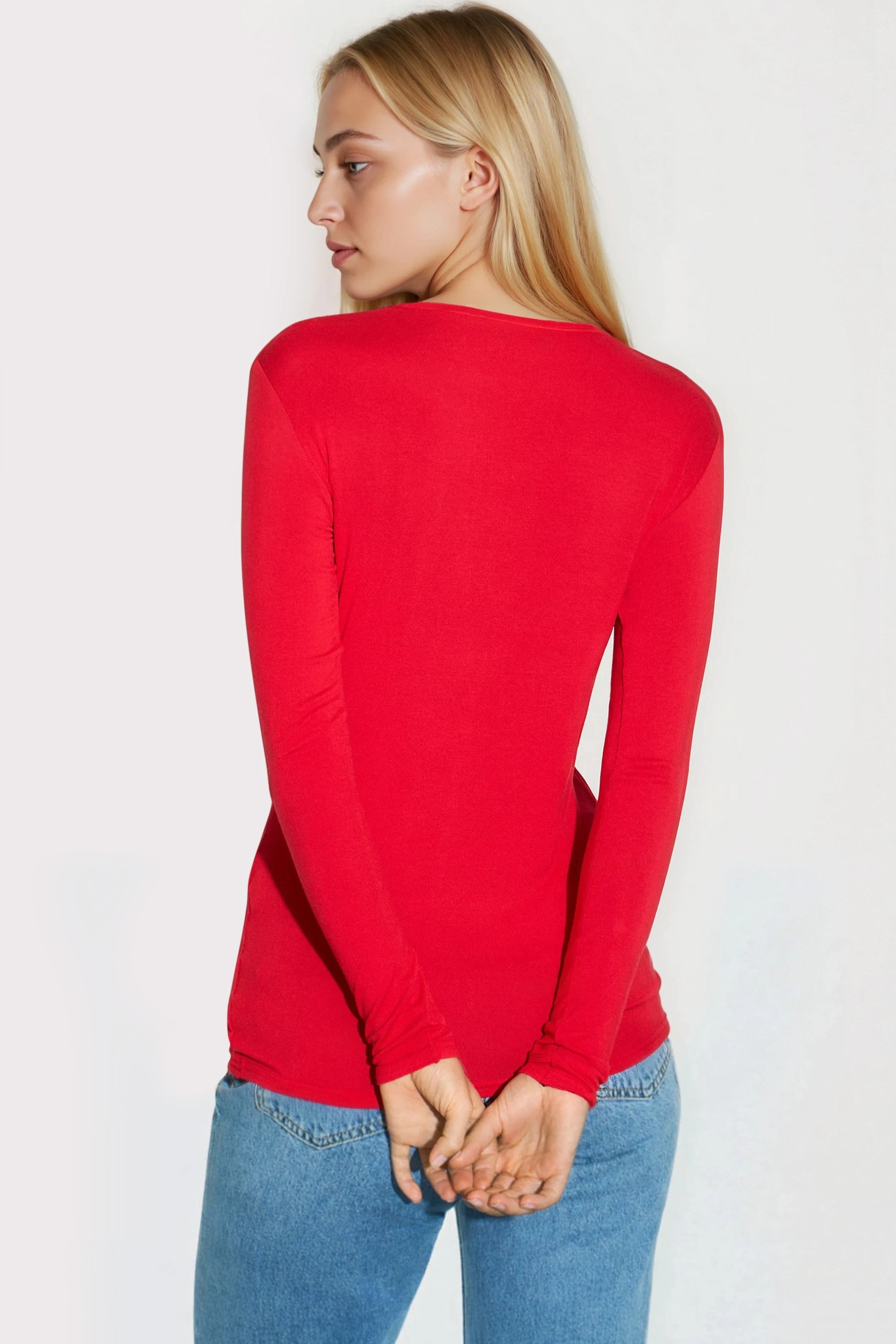 Red V Neck Long Sleeve Top