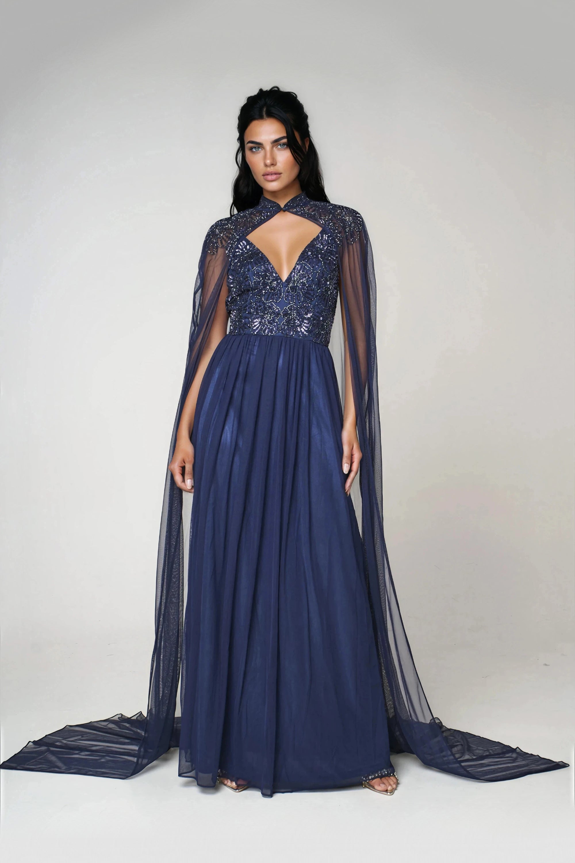 Navy Embellished Strappy Maxi Evening Dress with Detachable Cape