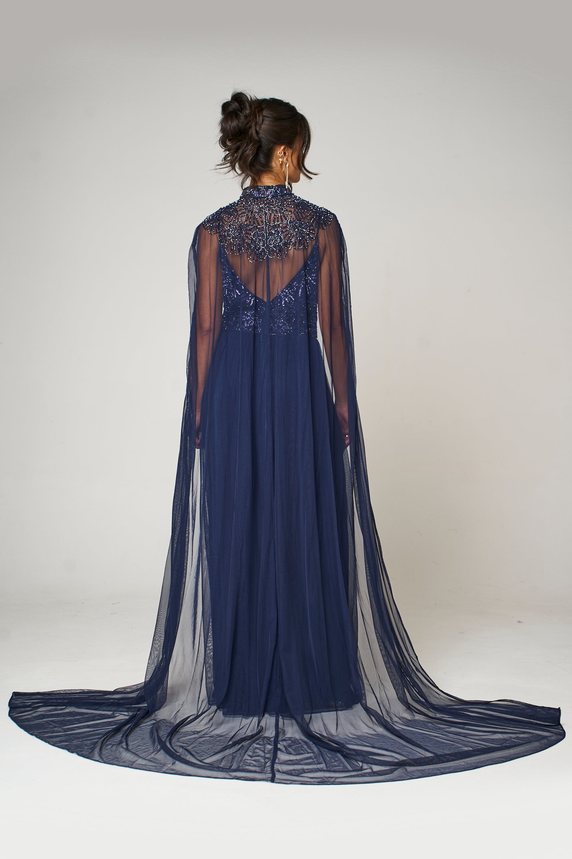 Navy Embellished Strappy Maxi Evening Dress with Detachable Cape