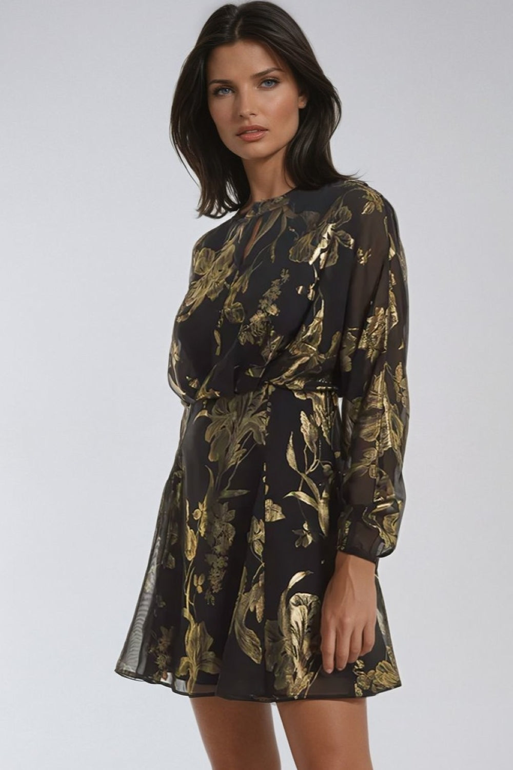 Black Gold Keyhole Foil Floral Detail Mini Dress Black Gold Keyhole Foil Floral Detail Mini Dress
