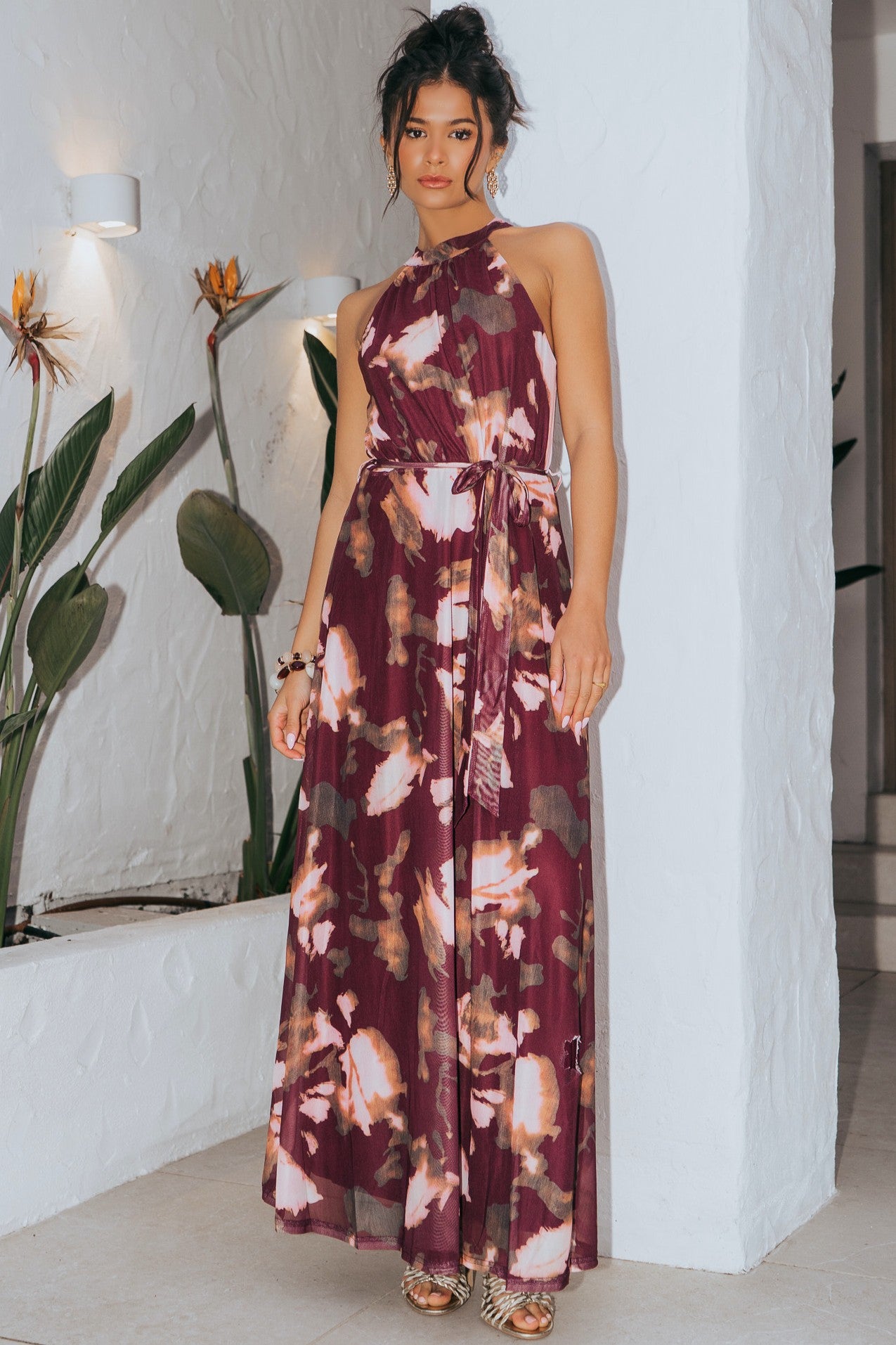 Wine Floral Halterneck Belted Maxi Dress