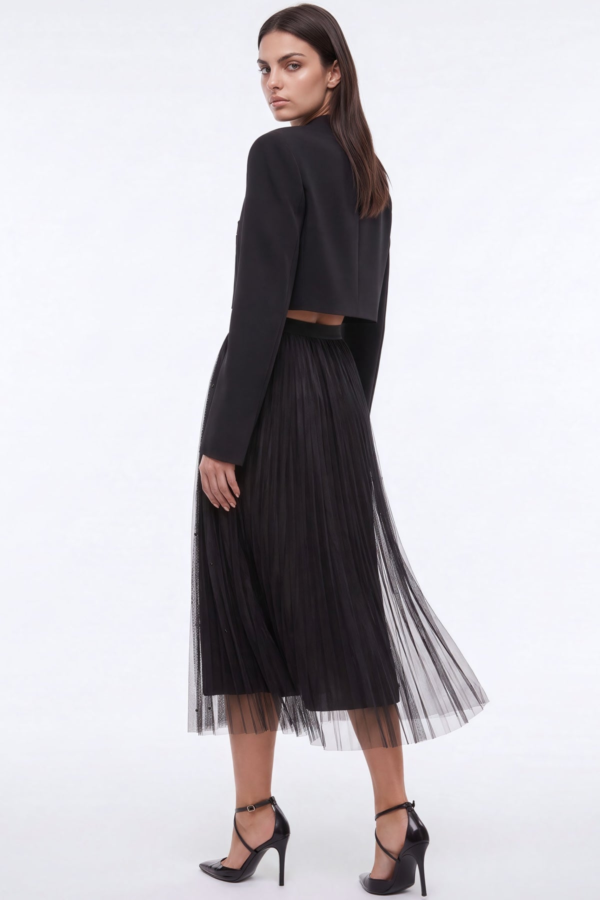 Black Pearl Embellished Mesh A‑Line Midi Skirt