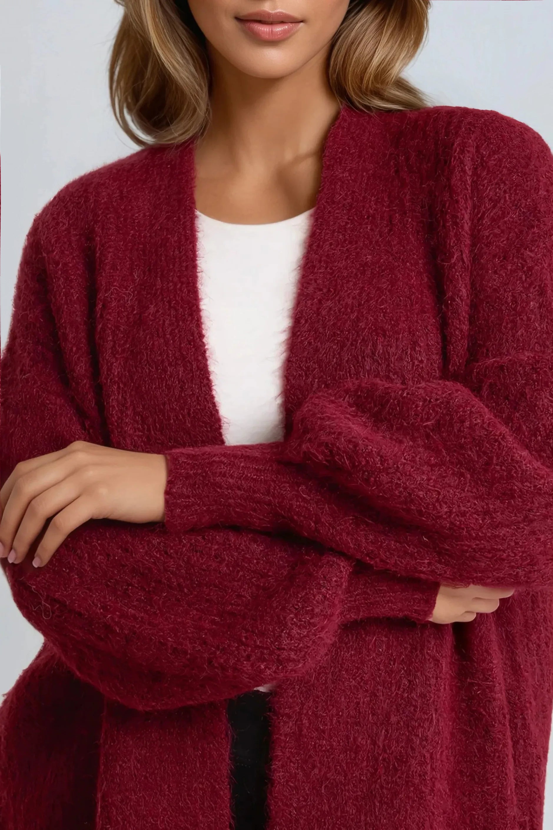 Wine Wool Blend Balloon Sleeve Knitted Cardigan