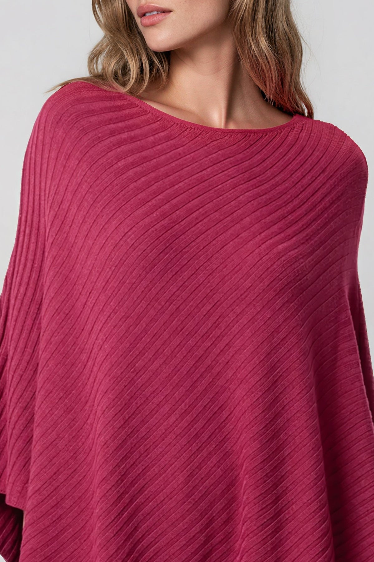 Wine Asymmetric Ribbed Knit Poncho