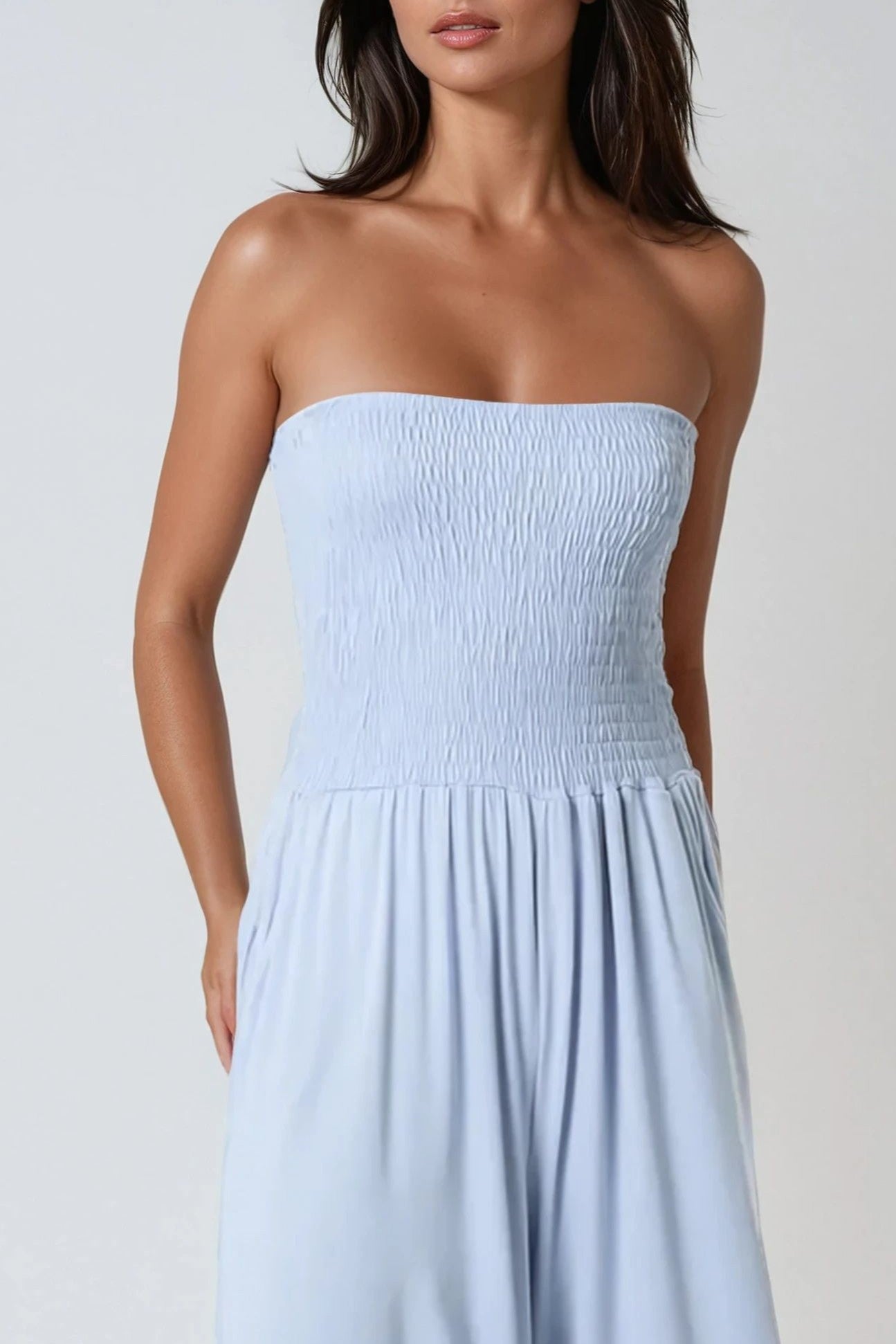 Light Blue Bandeau Shirred Jumpsuit