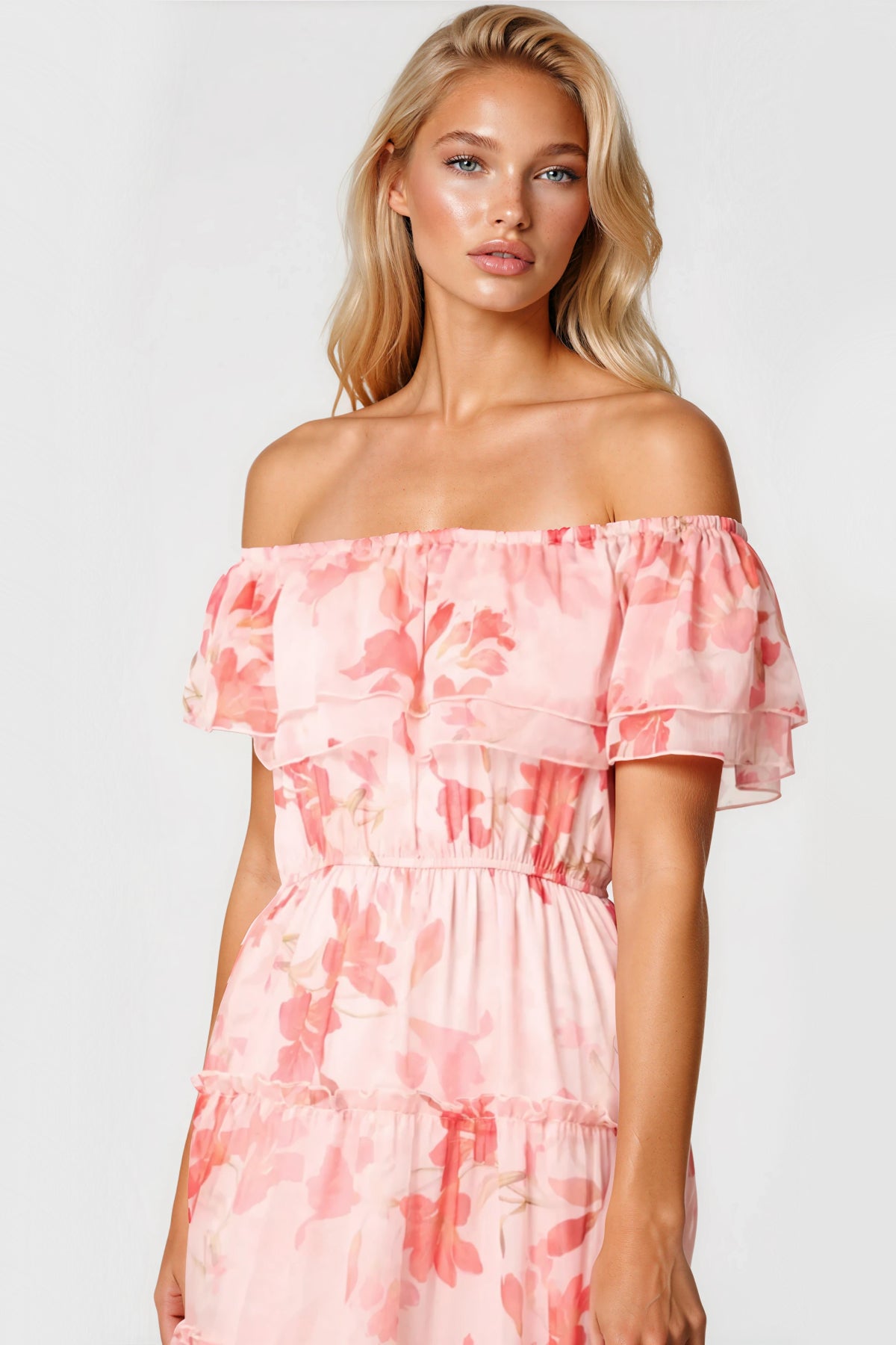 Pink Floral Bardot Tiered Maxi Dress