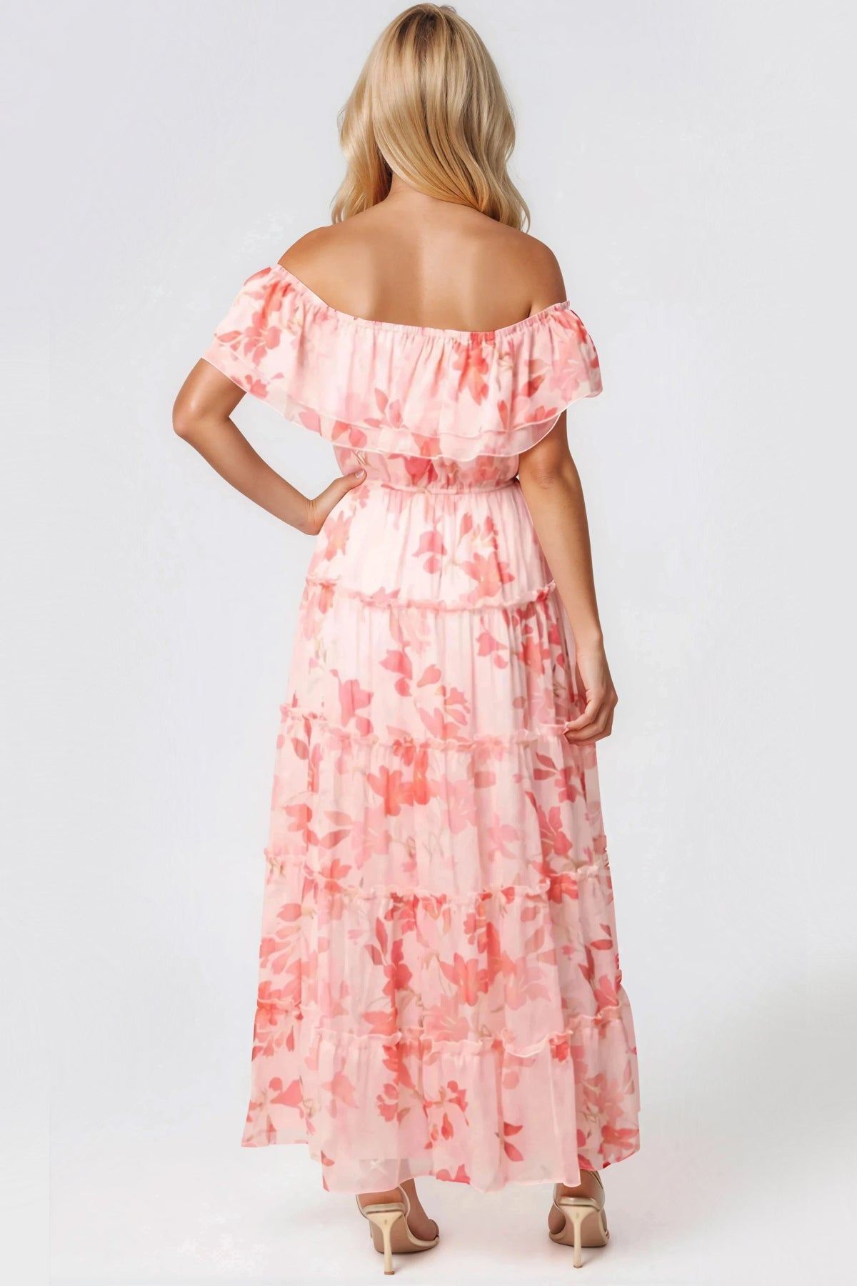 Pink Floral Bardot Tiered Maxi Dress
