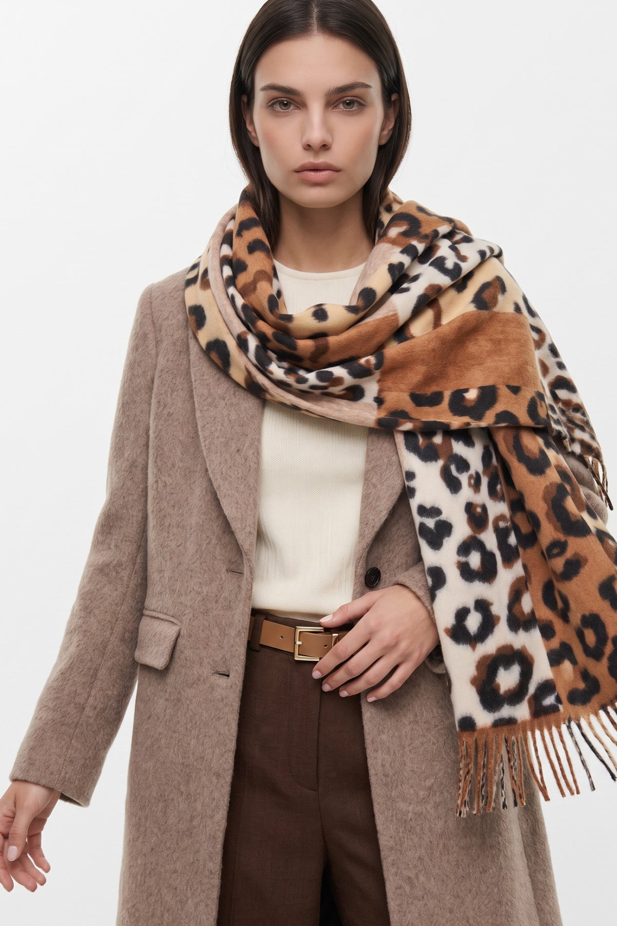 Brown Colour Block Animal Print Scarf