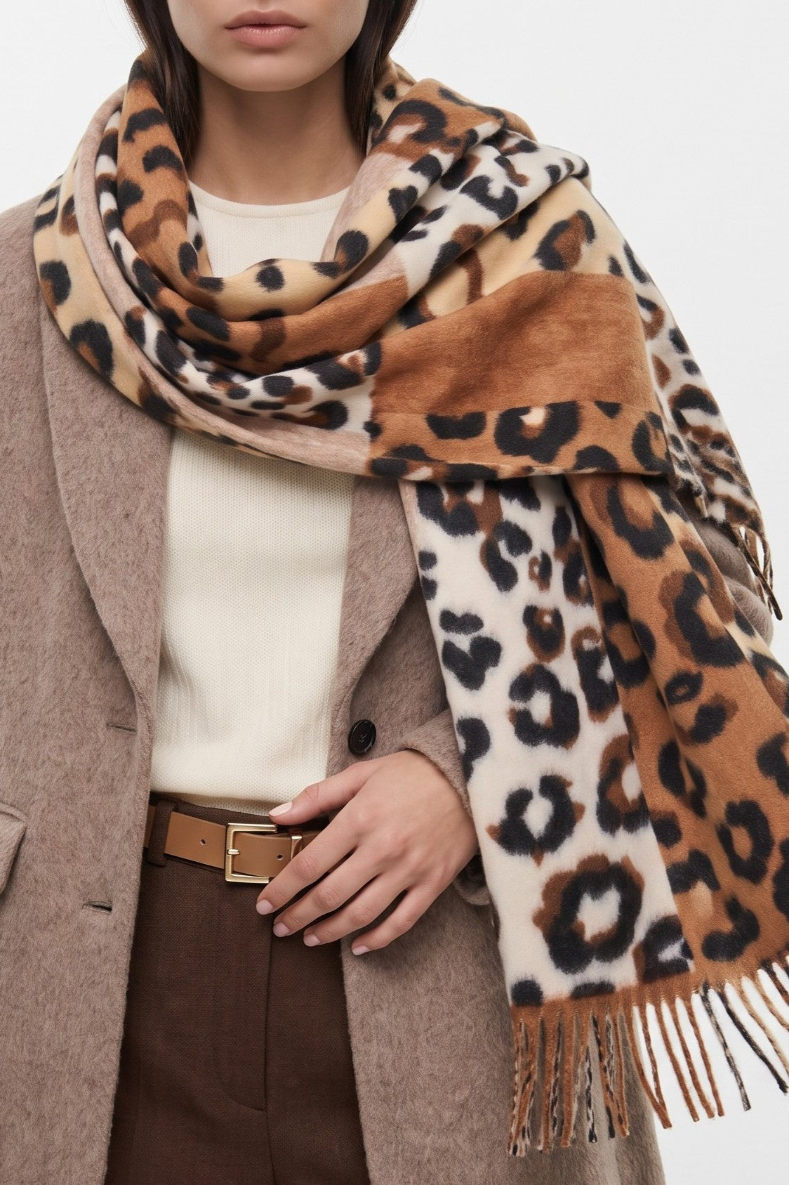 Brown Colour Block Animal Print Scarf