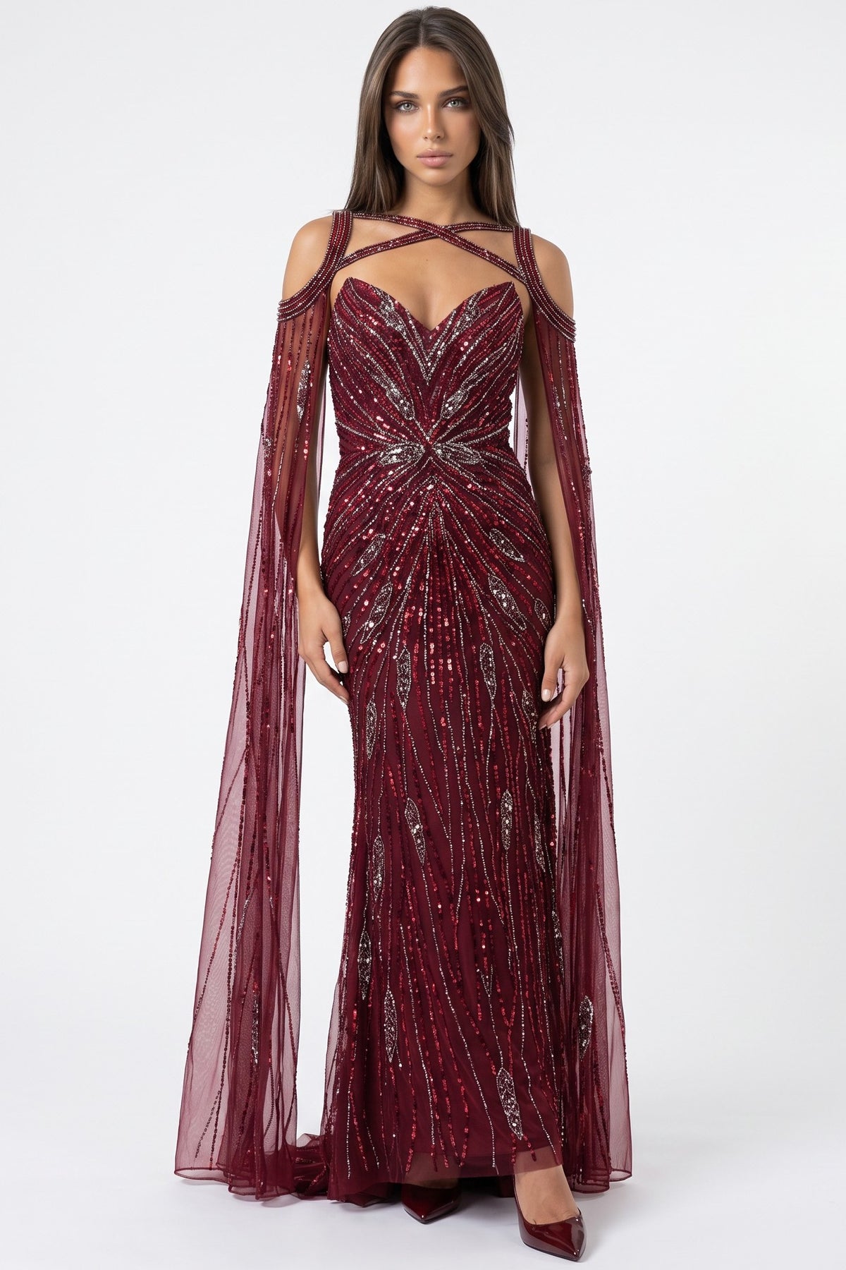 Burgundy Silver Sequin Strapless Corset Maxi Dress with Detachable Cape