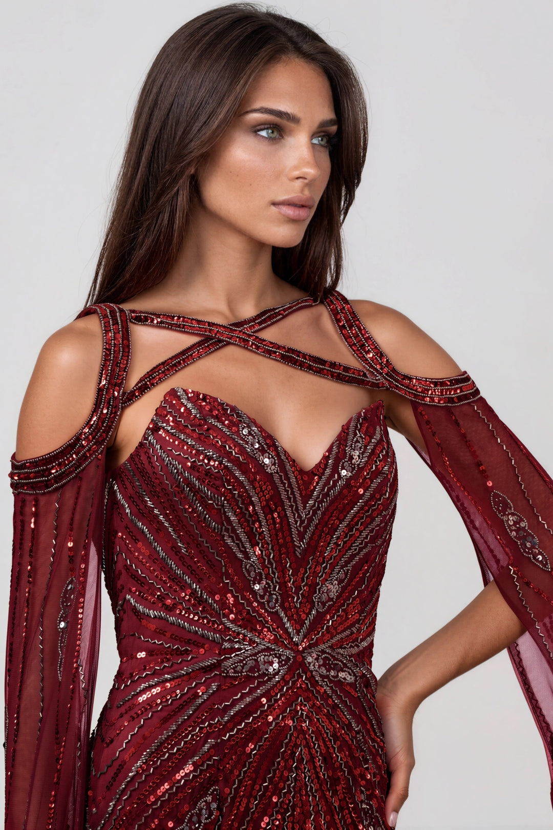 Burgundy Silver Sequin Strapless Corset Maxi Dress with Detachable Cape