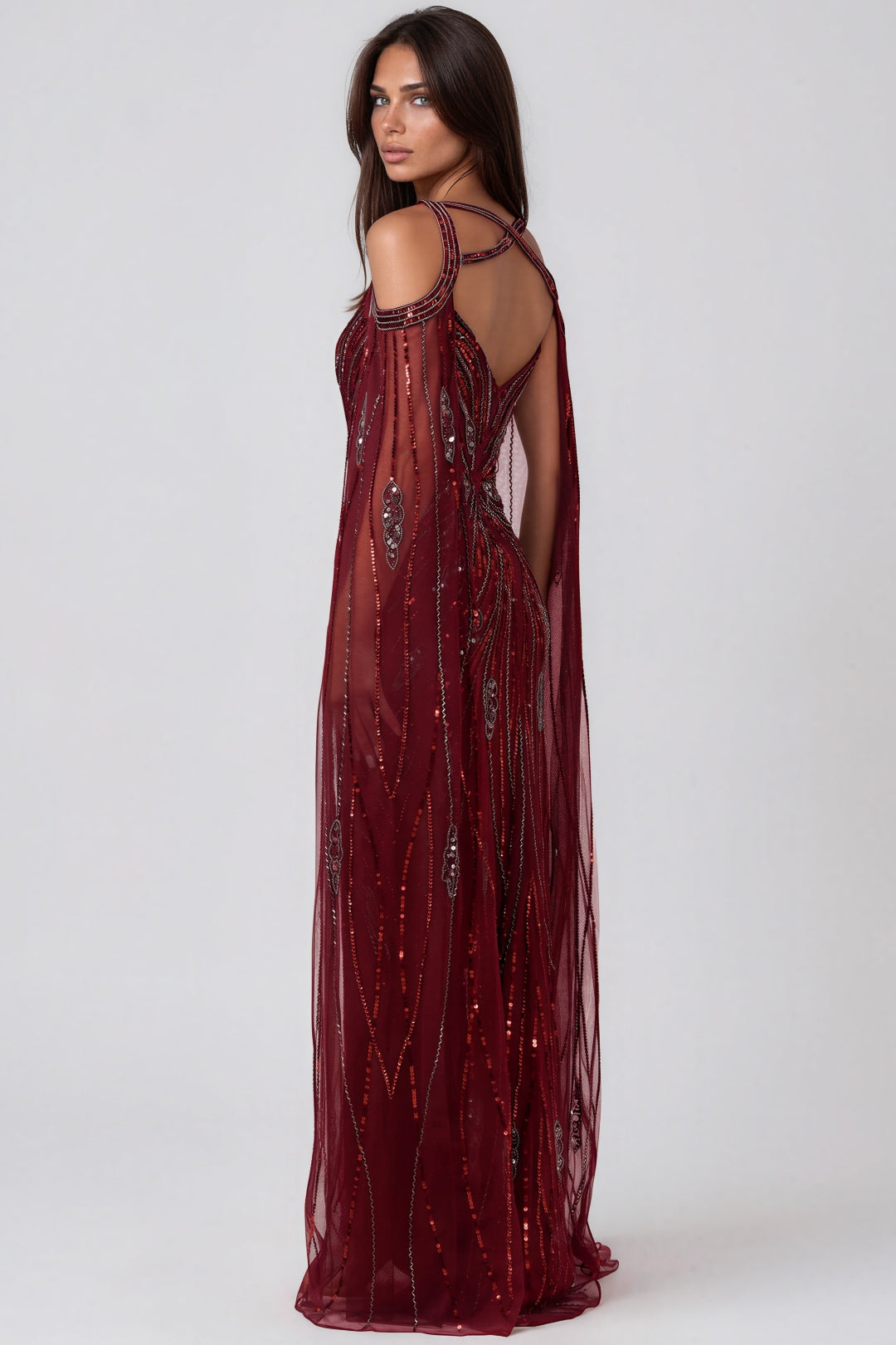 Burgundy Silver Sequin Strapless Corset Maxi Dress with Detachable Cape