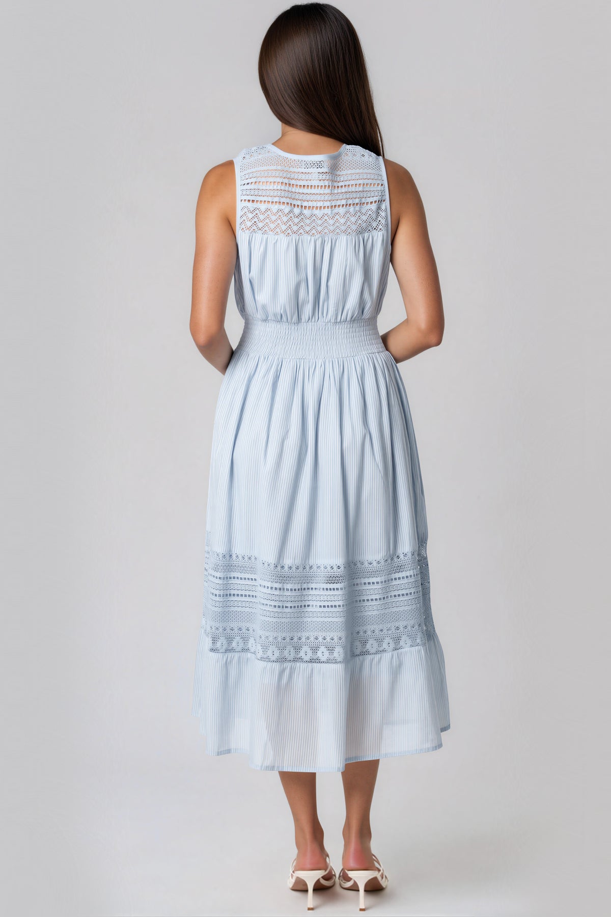 Blue Button Through Crochet Cotton Midi Dress