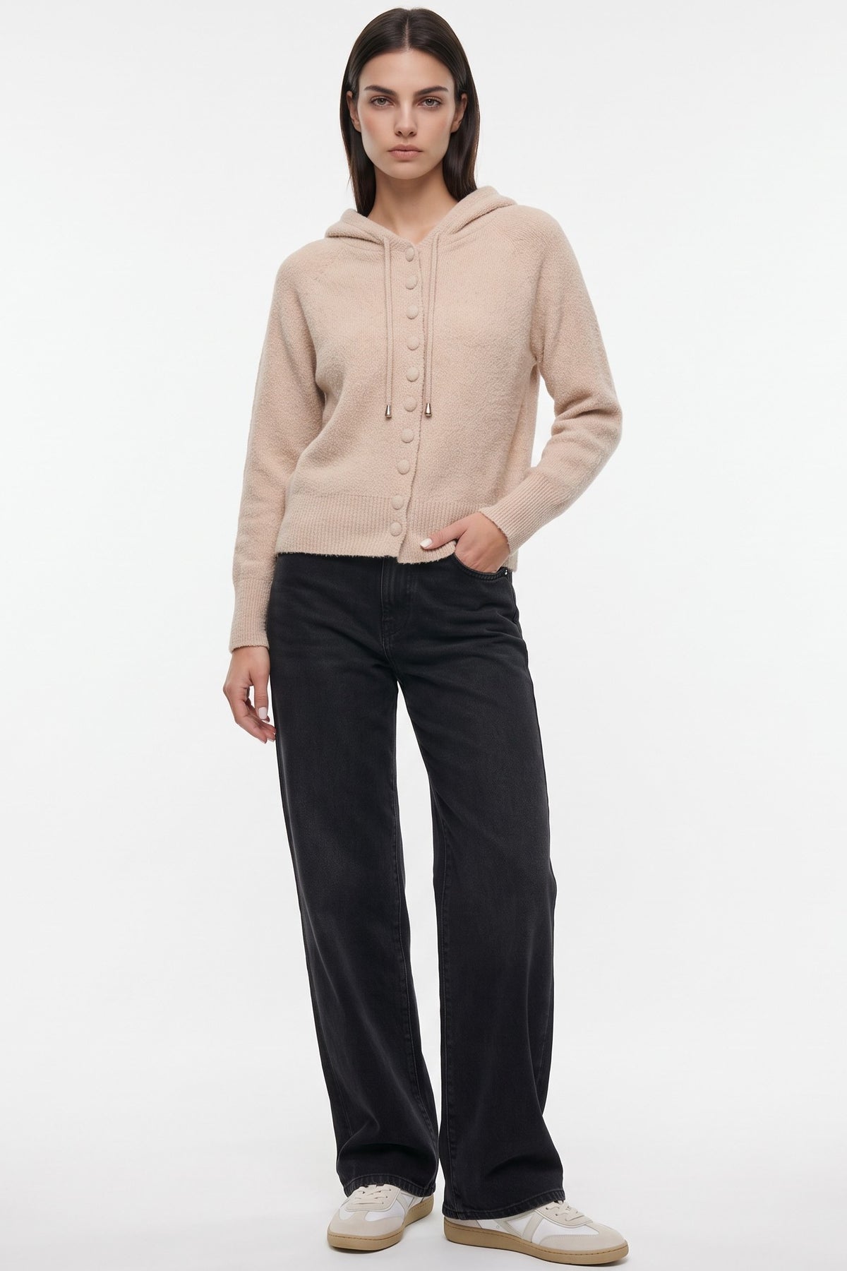 Beige Soft Knit Hooded Cardigan in Stone