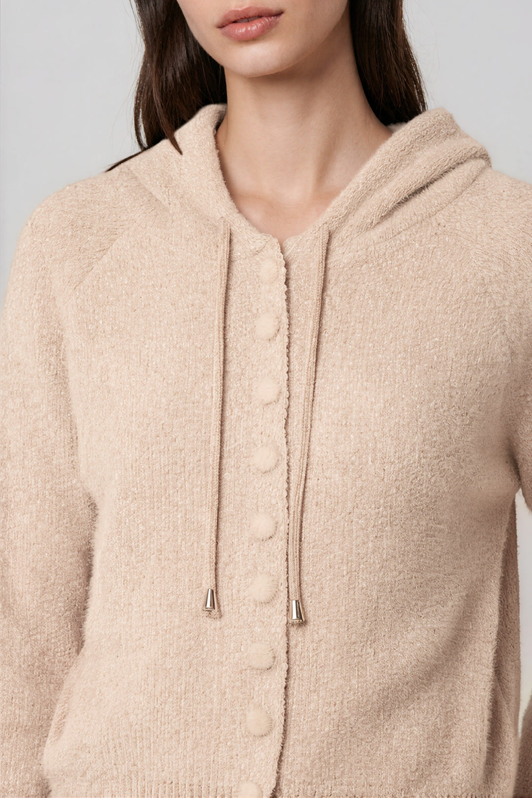 Beige Soft Knit Hooded Cardigan in Stone