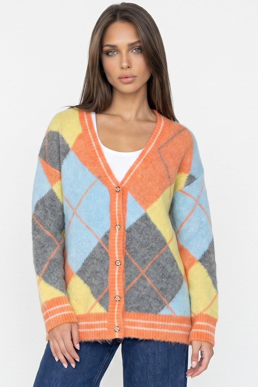 Orange Argyle Wool‑Blend Knit Cardigan