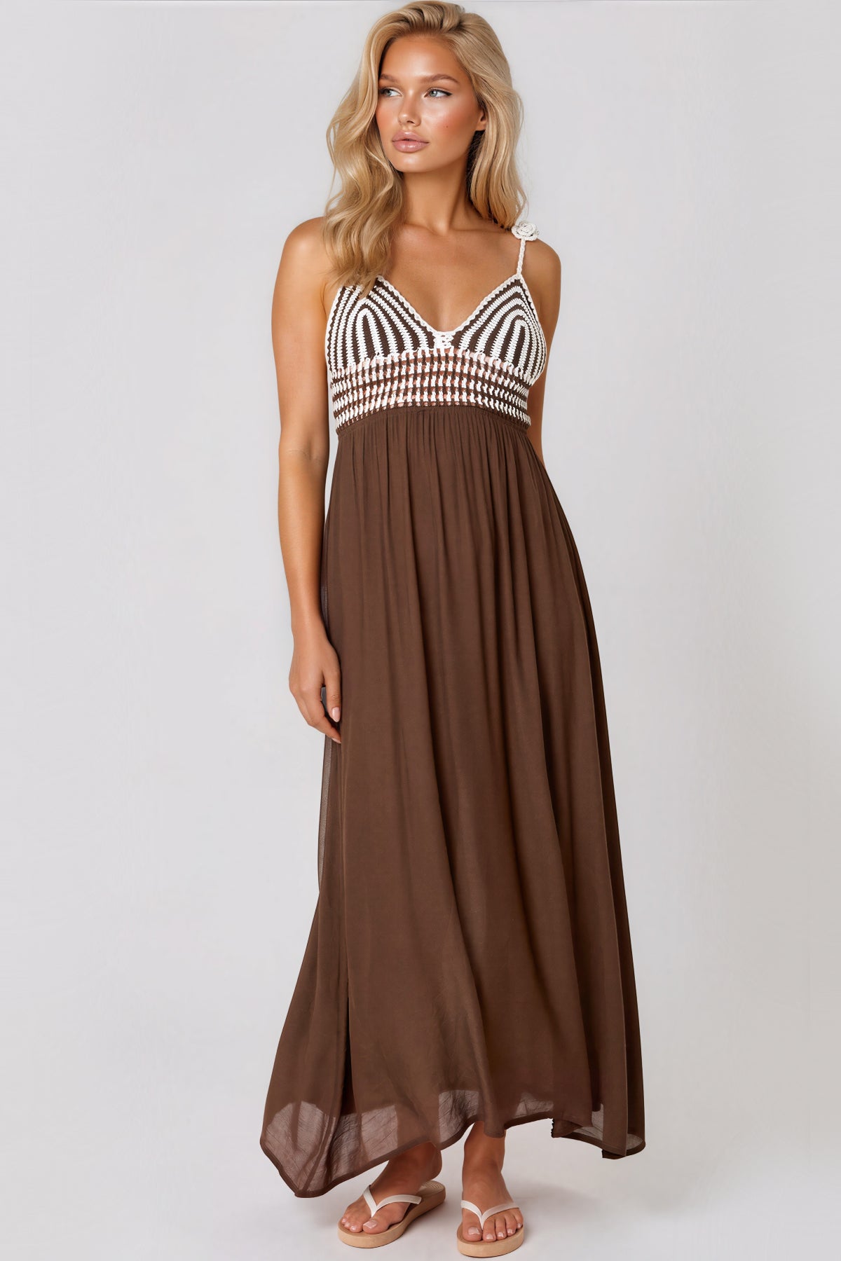 Brown Crochet Strappy Maxi Dress Brown Crochet Strappy Maxi Dress