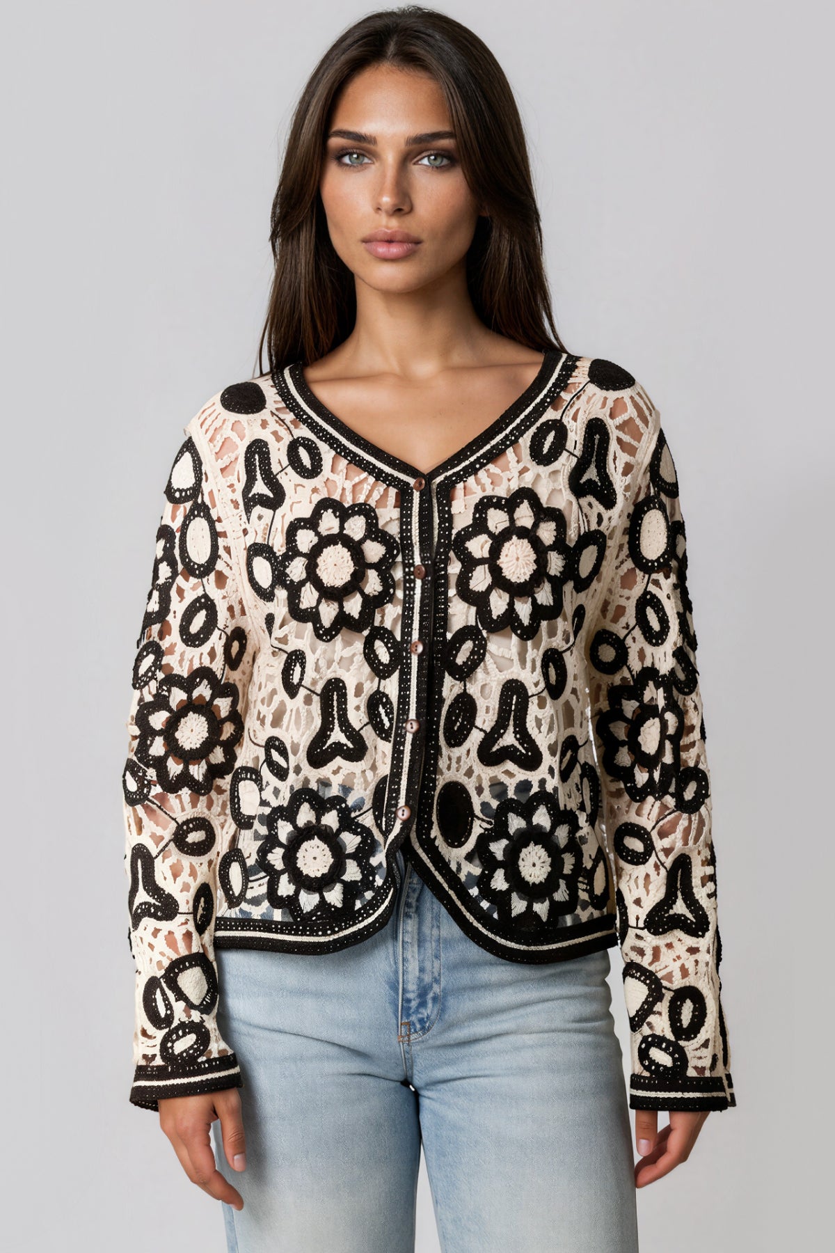 Black Floral Crochet Cardigan