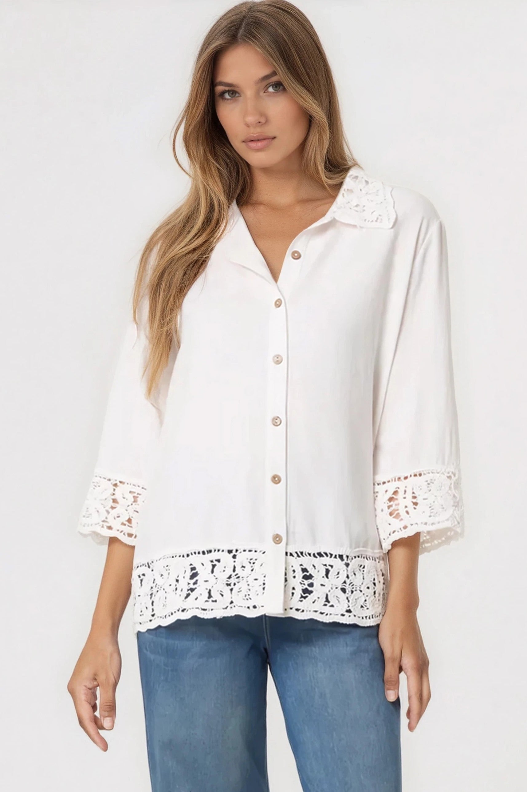 White Crochet Linen Blend Shirt