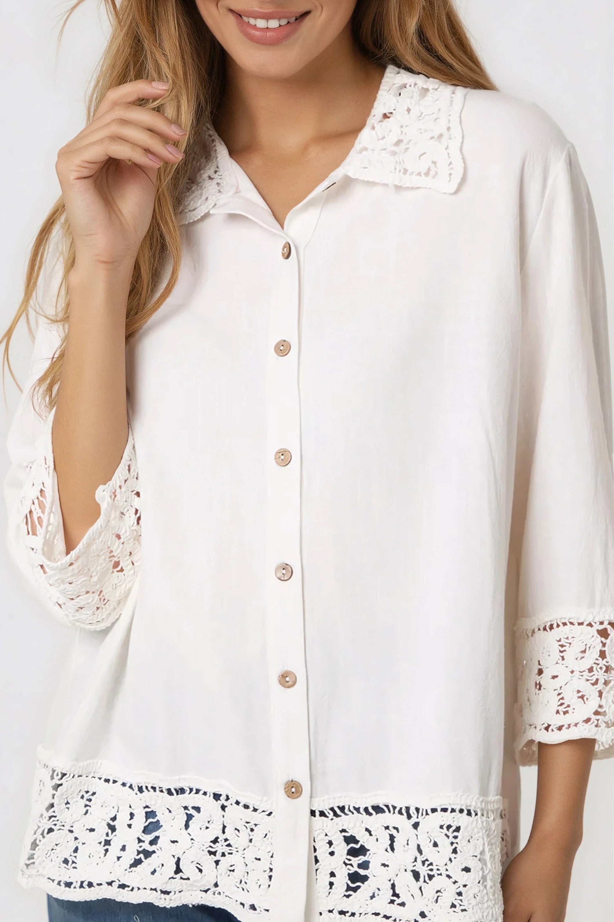White Crochet Linen Blend Shirt