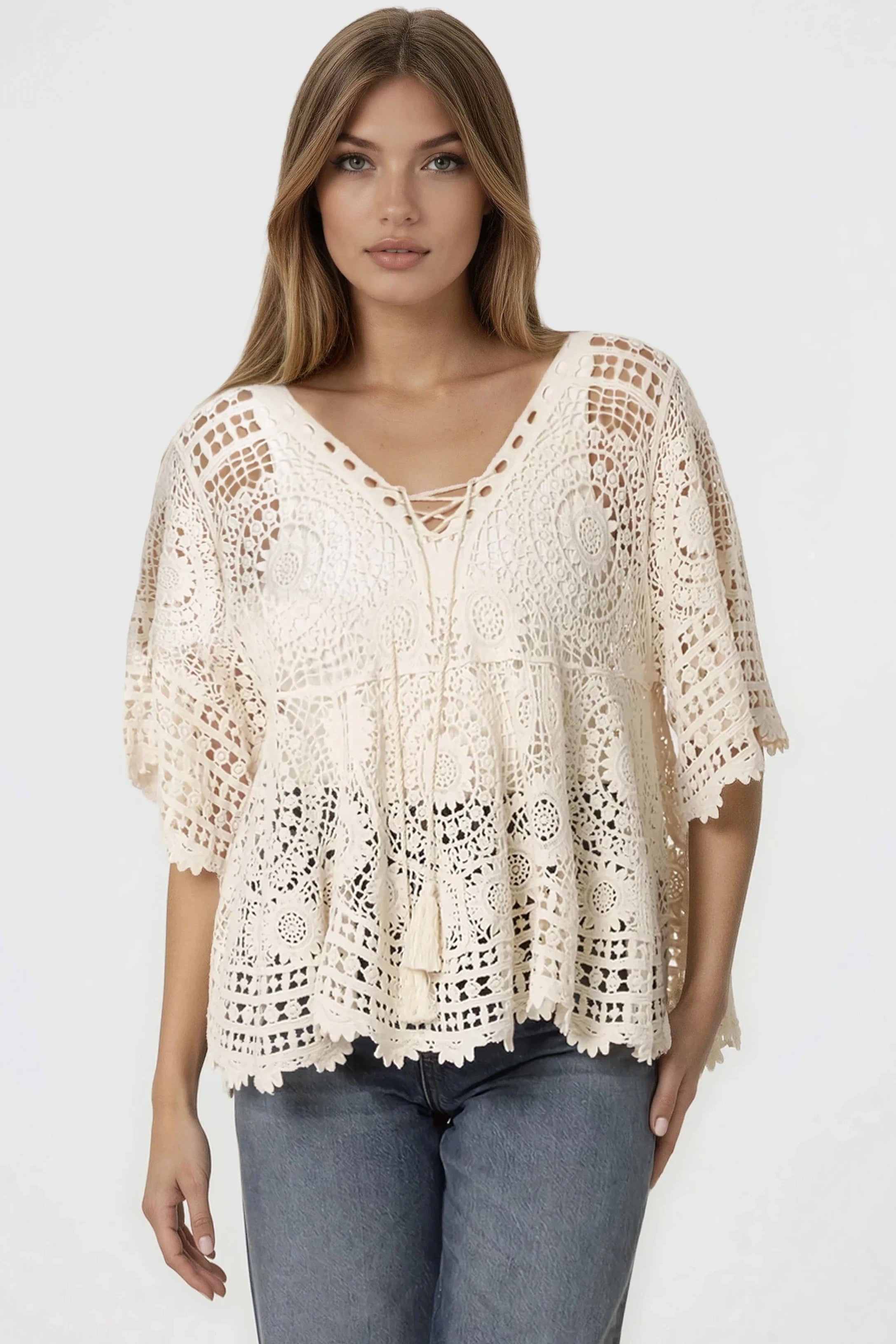 Beige Crochet Cotton Cover‑Up Top