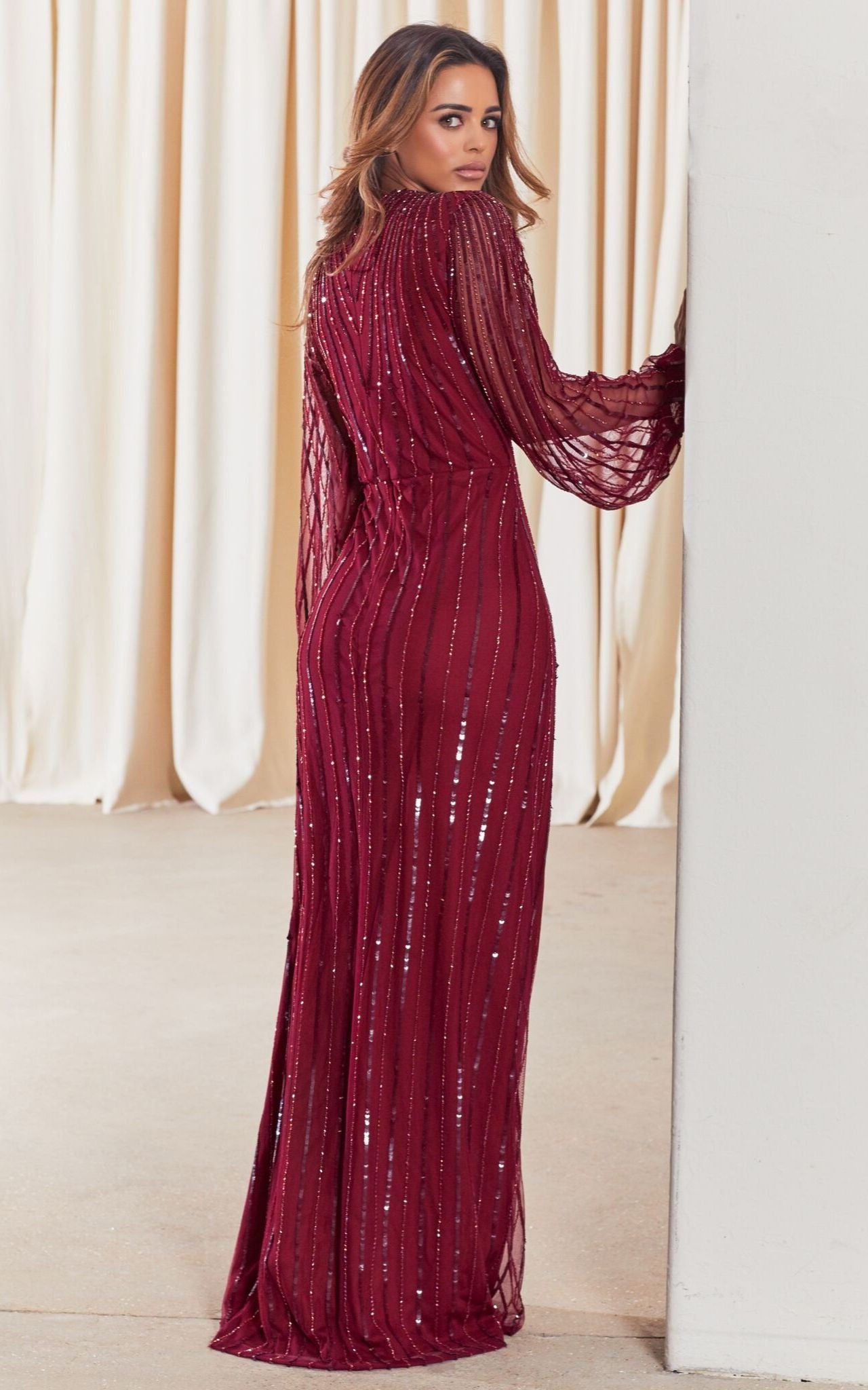 Daisianne Berry Sequin Long Sleeve Wrap Maxi Dress