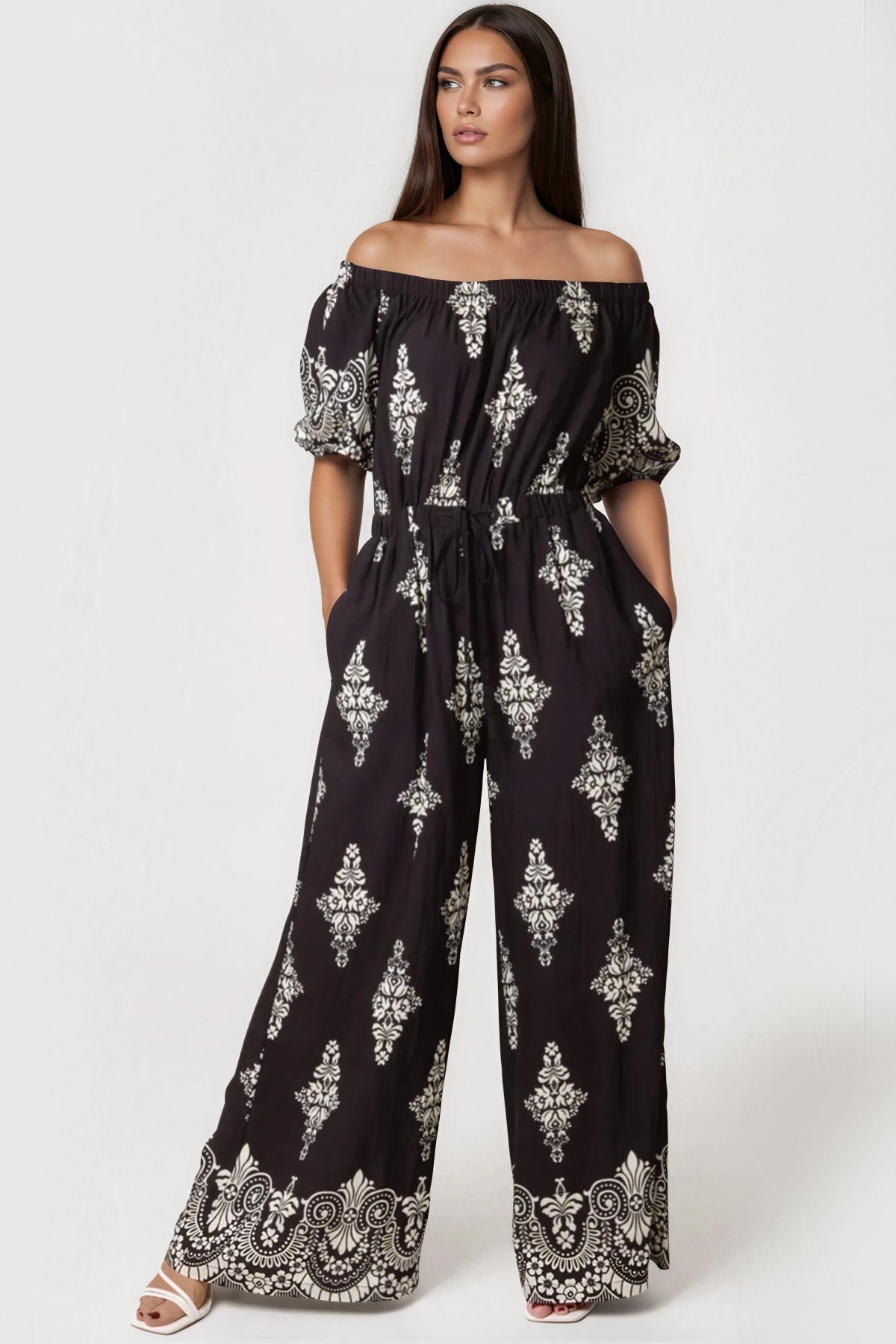 Black Bardot Wide Leg Jumpsuit